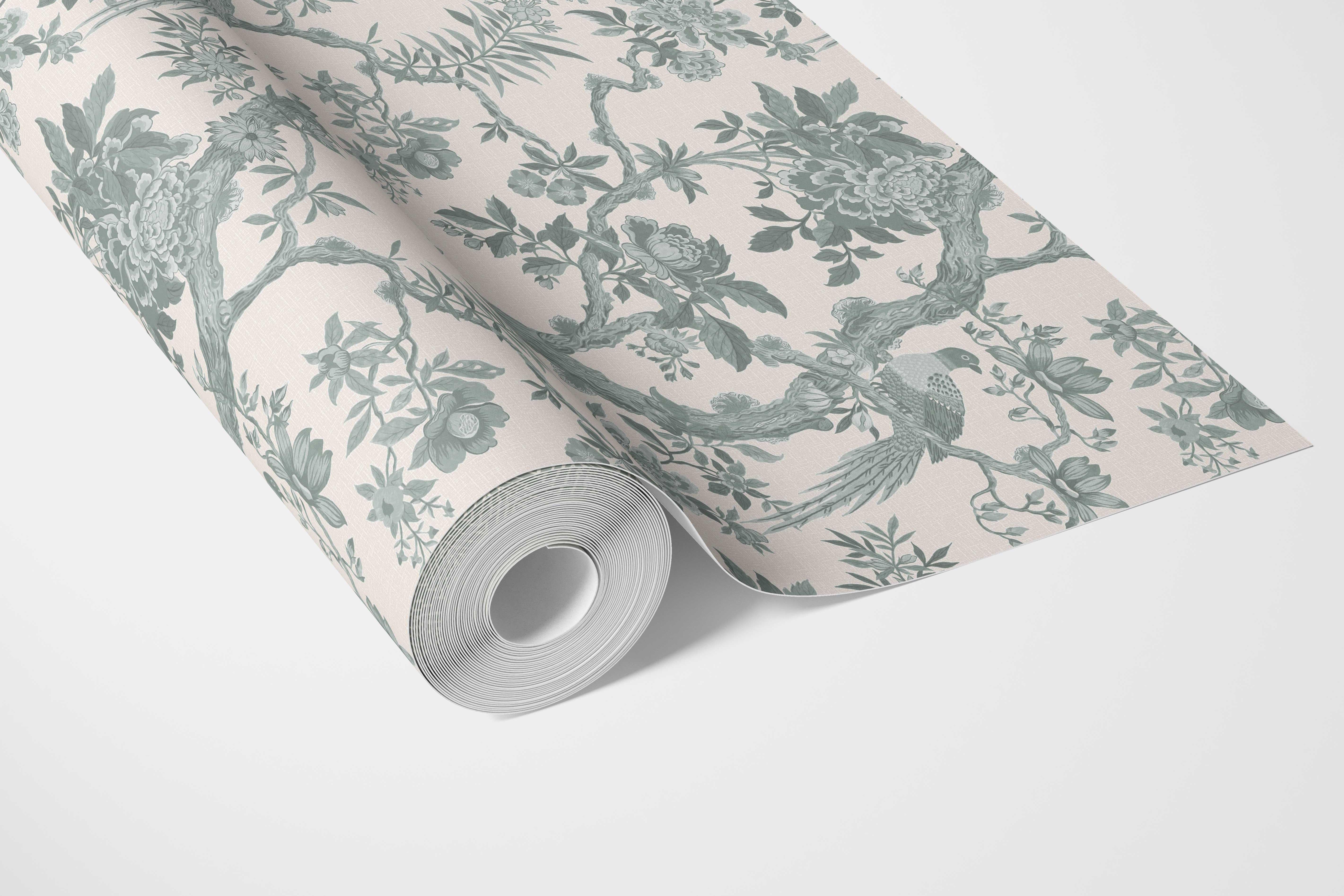Floral Toile/ Bird Print Chinoiserie Bathroom Wallpaper (Gray-Green)