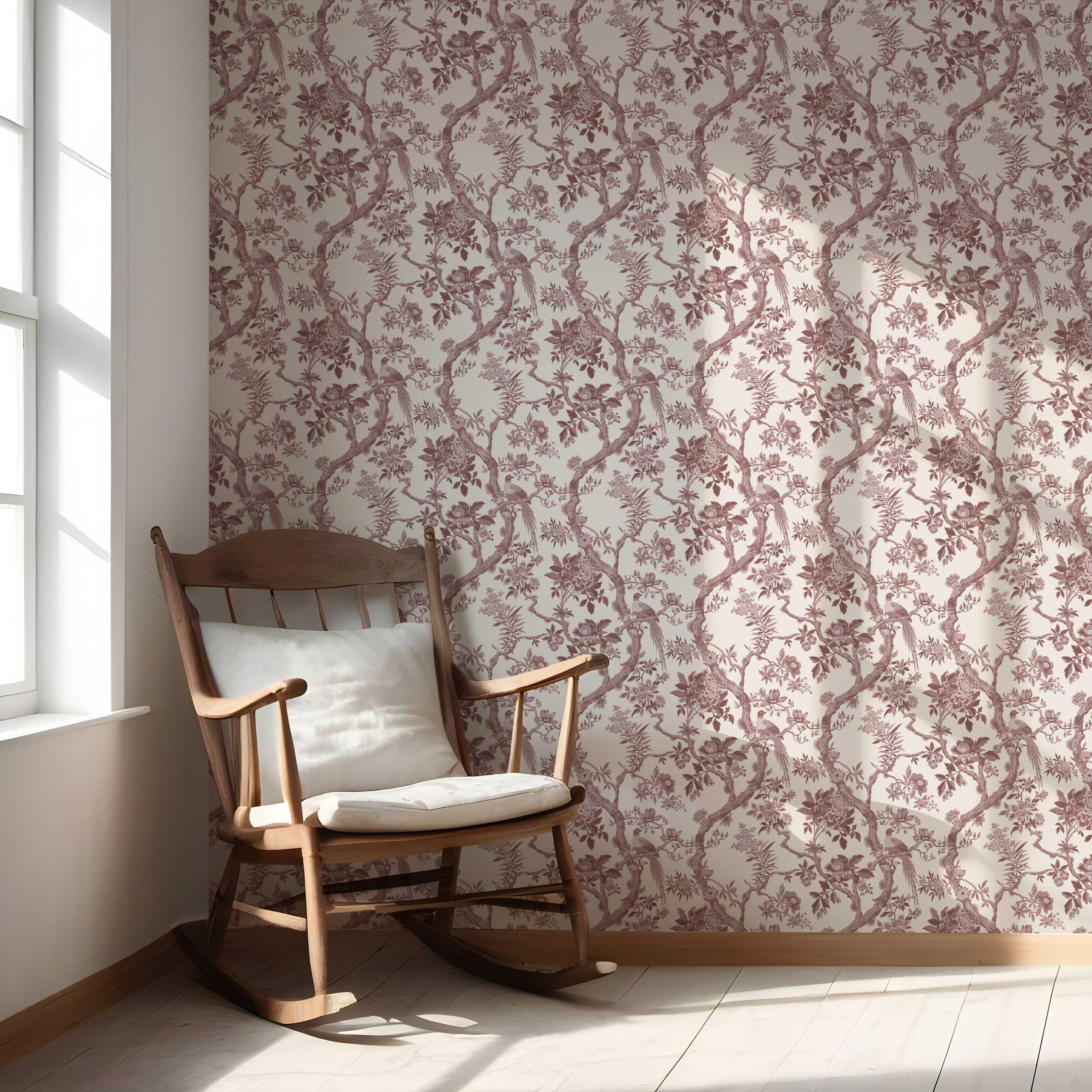 Floral Toile/ Bird Print Chinoiserie Nursery Wallpaper Sample (Brick Red/ Burgundy)
