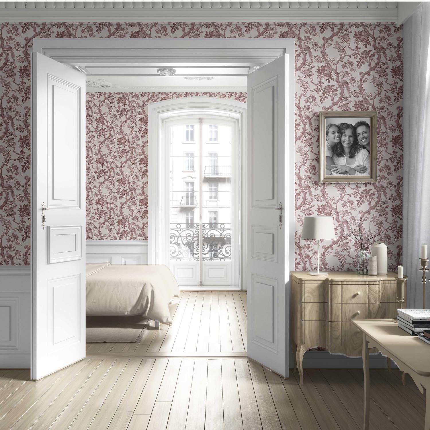 Floral Toile/ Bird Print Chinoiserie Living Room Wallpaper Sample (Brick Red/ Burgundy)