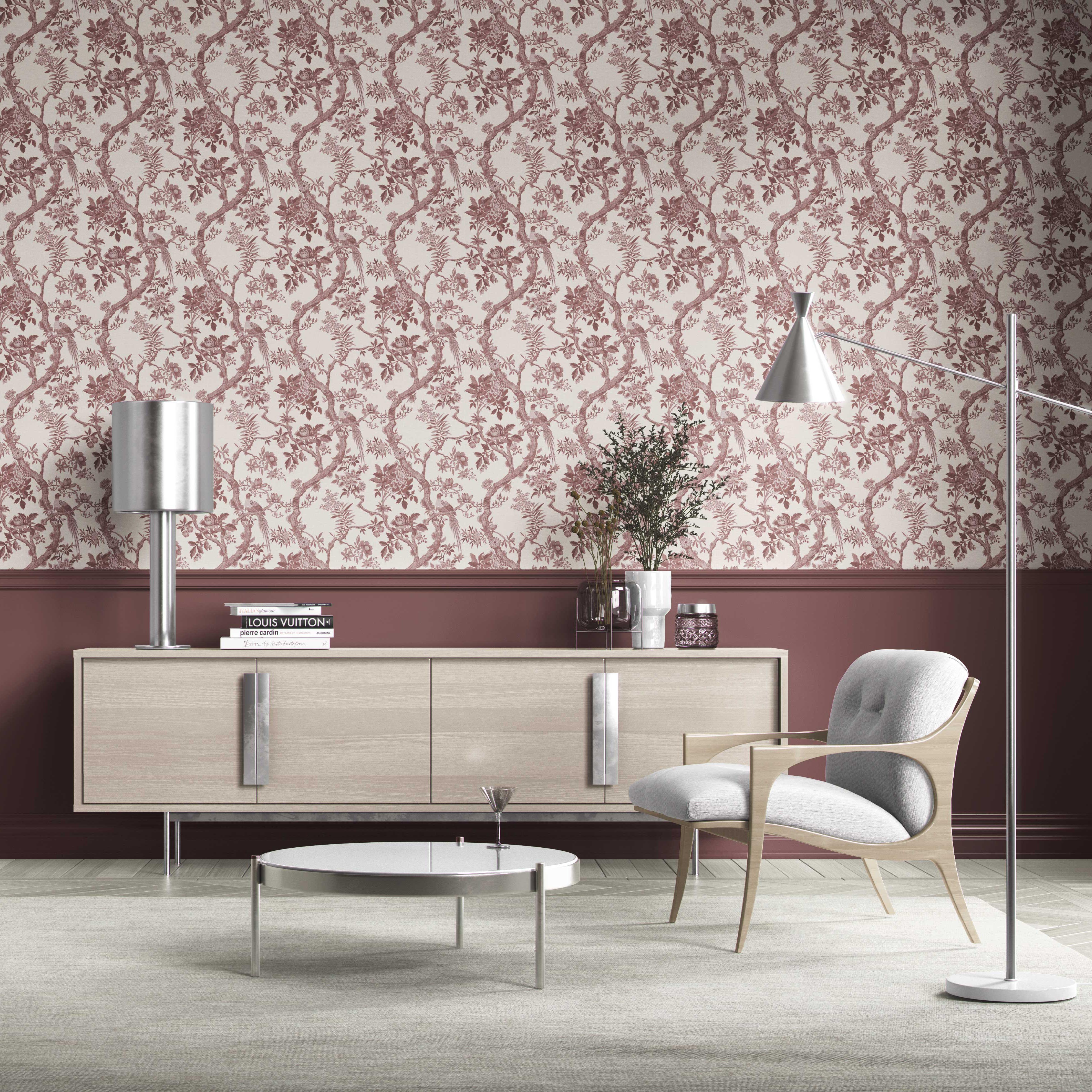 Floral Toile/ Bird Print Chinoiserie Kitchen Wallpaper Sample (Brick Red/ Burgundy)