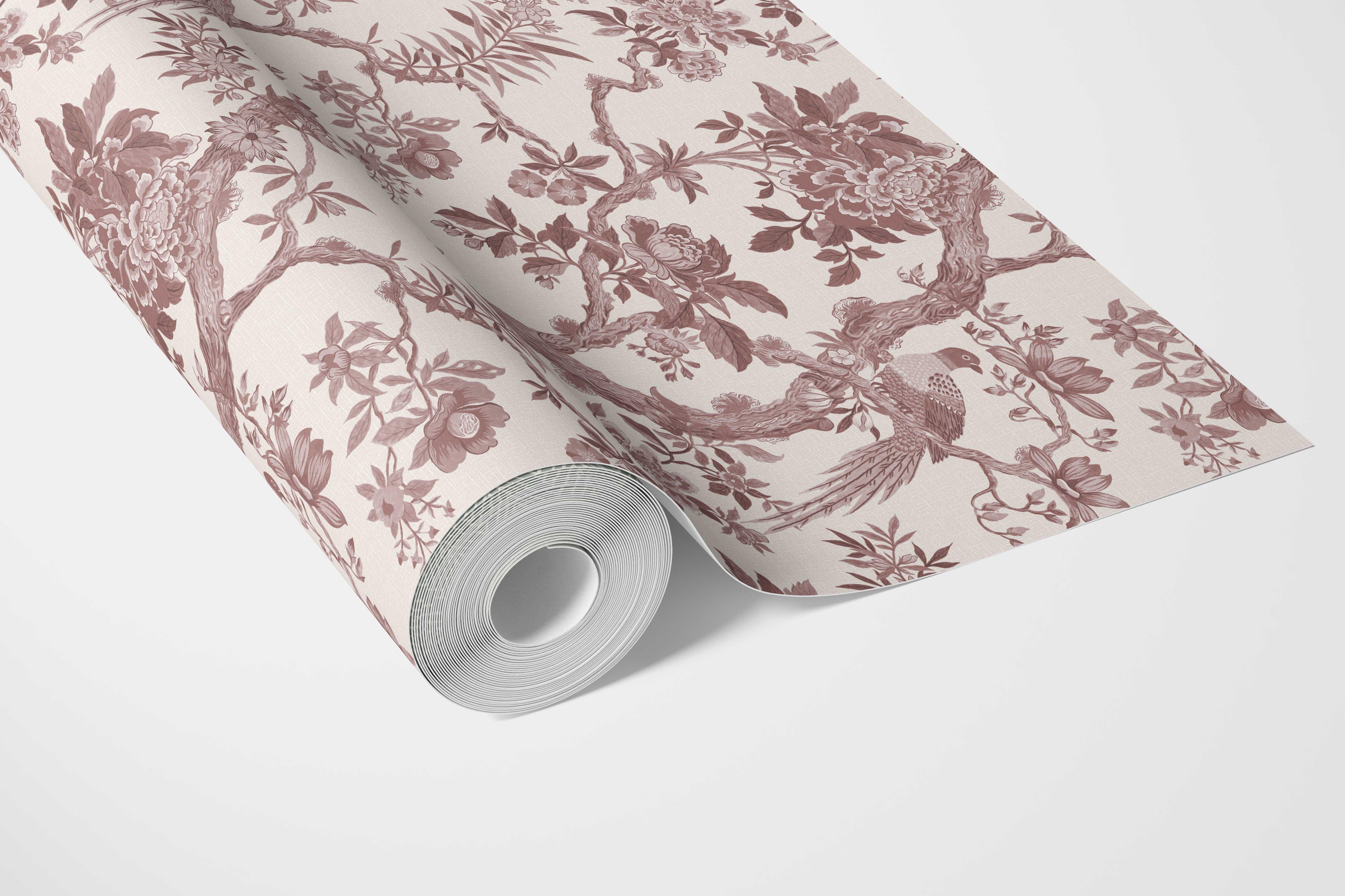 Floral Toile/ Bird Print Chinoiserie Bathroom Wallpaper Sample (Brick Red/ Burgundy)