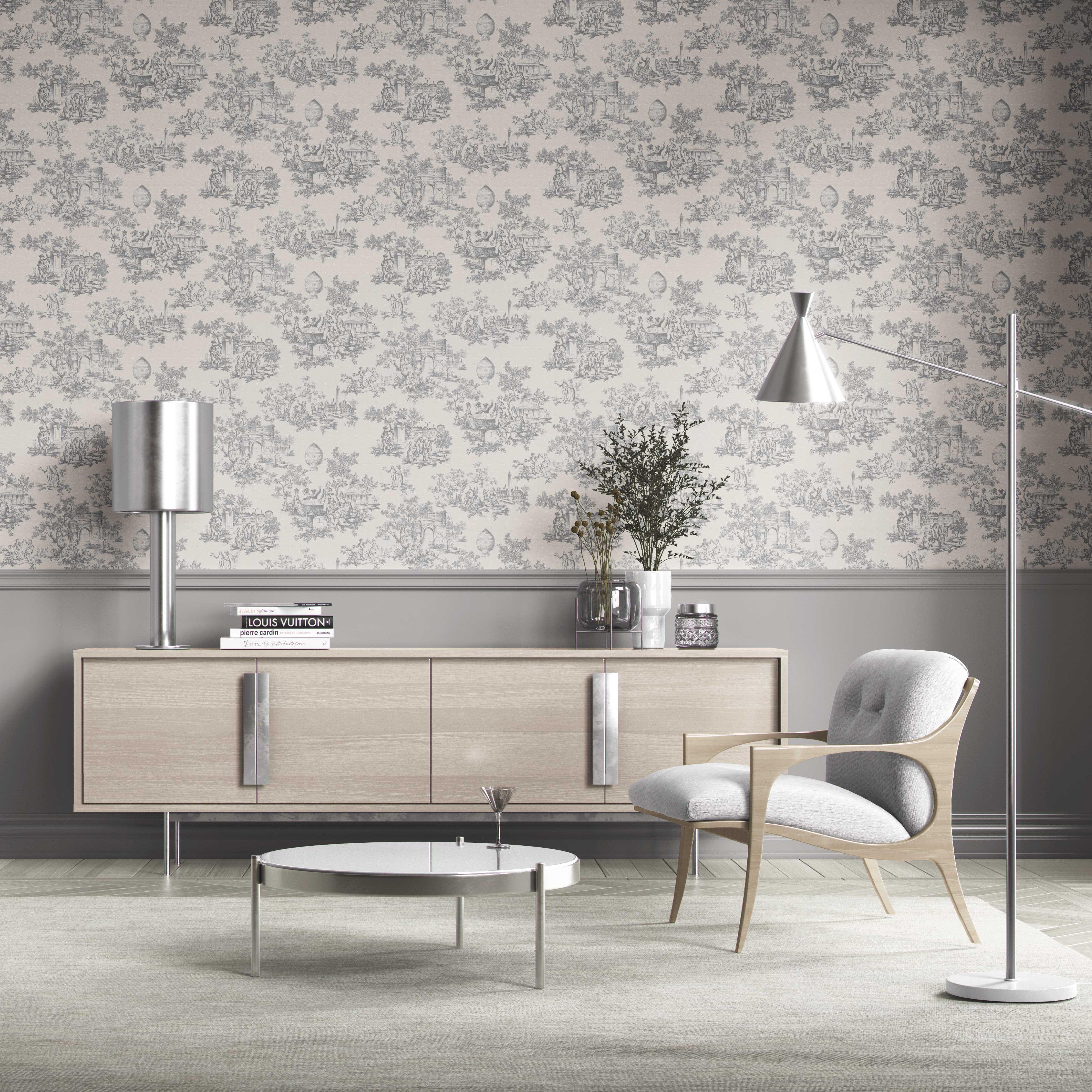 Toile de Jouy/ Nature Print Kitchen Wallpaper Sample (Dove Gray/ Off-White)