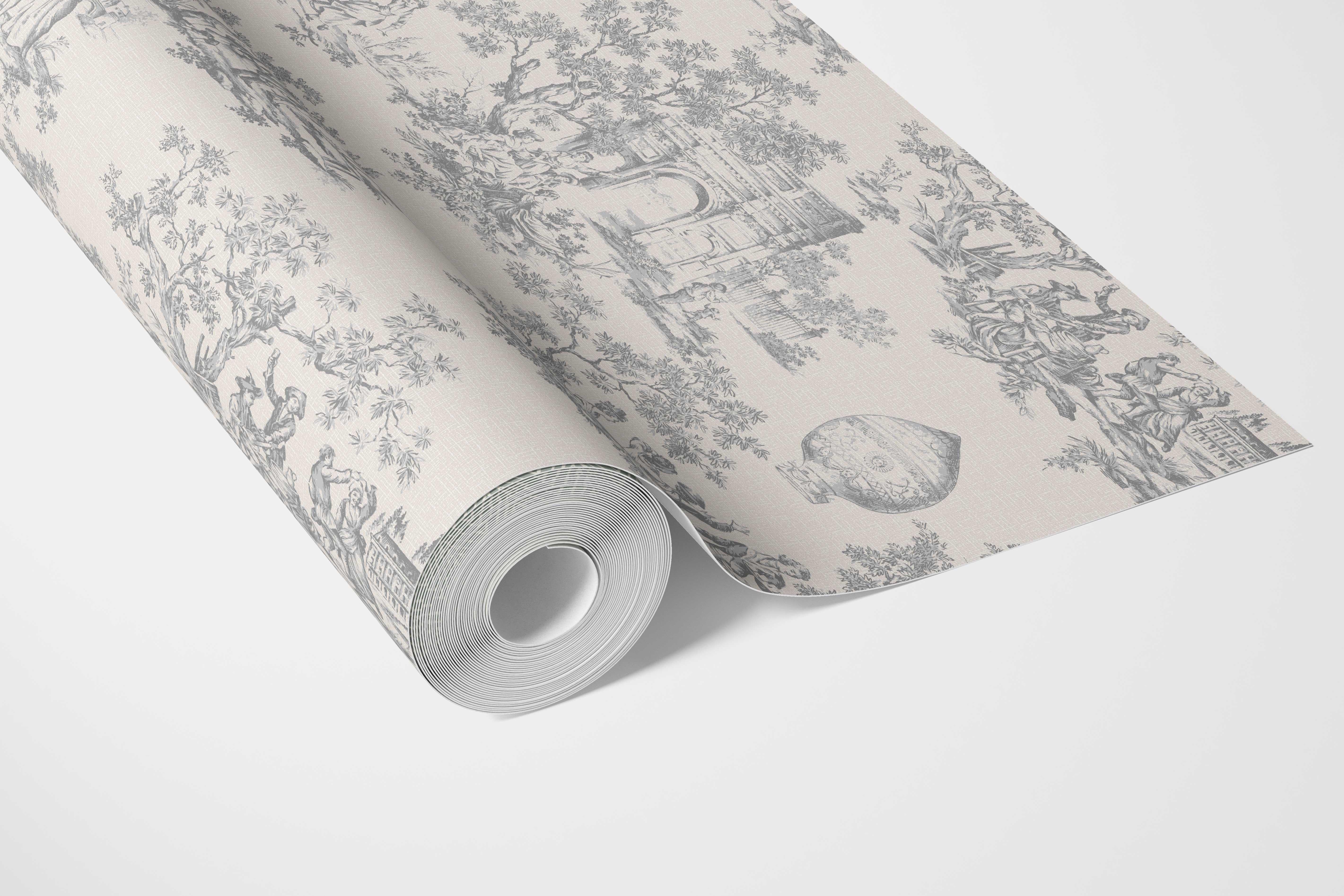 Toile de Jouy/ Nature Print Bathroom Wallpaper Sample (Dove Gray/ Off-White)
