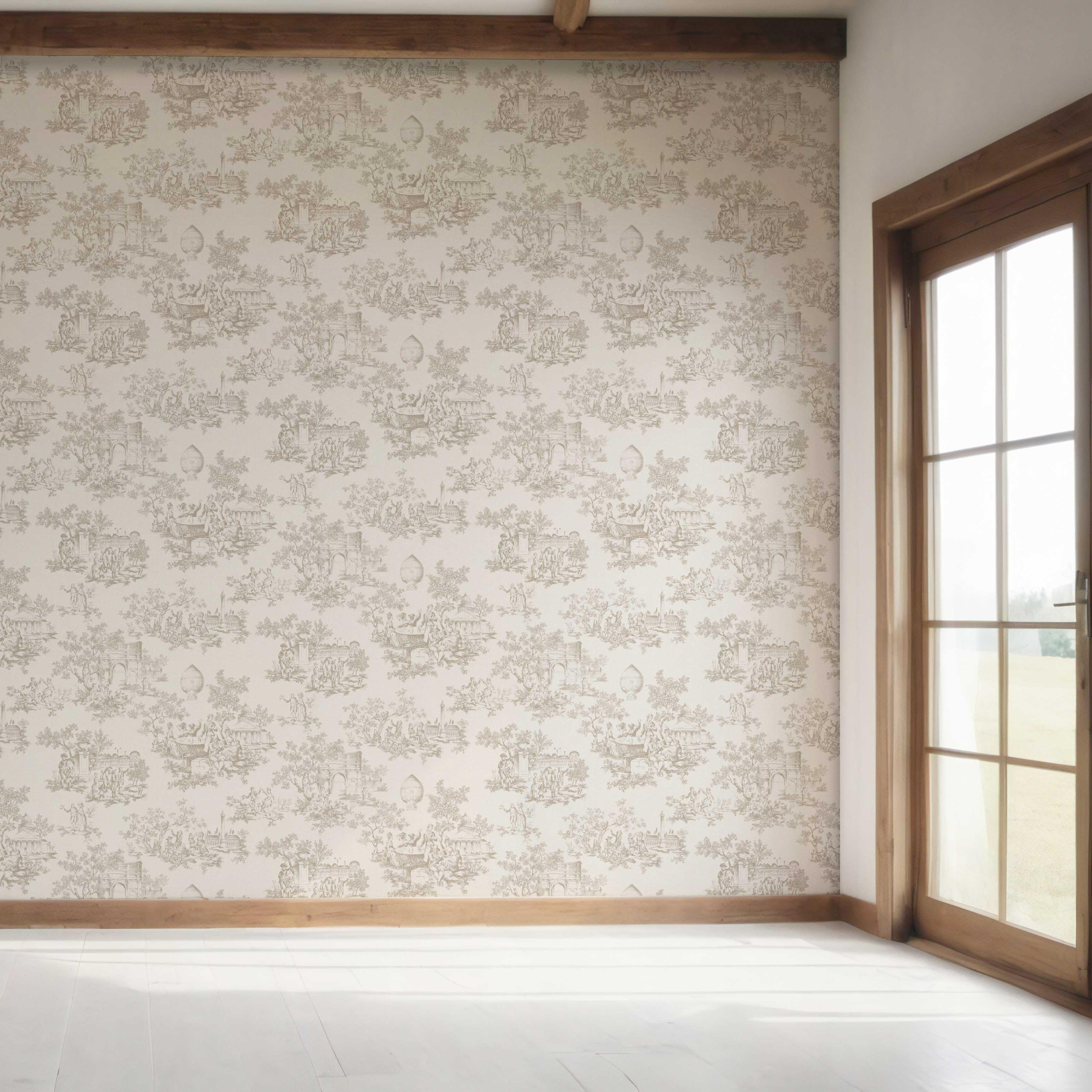 Toile de Jouy/ Nature Print Bedroom Wallpaper (Beige/ Greige/ Off-White)