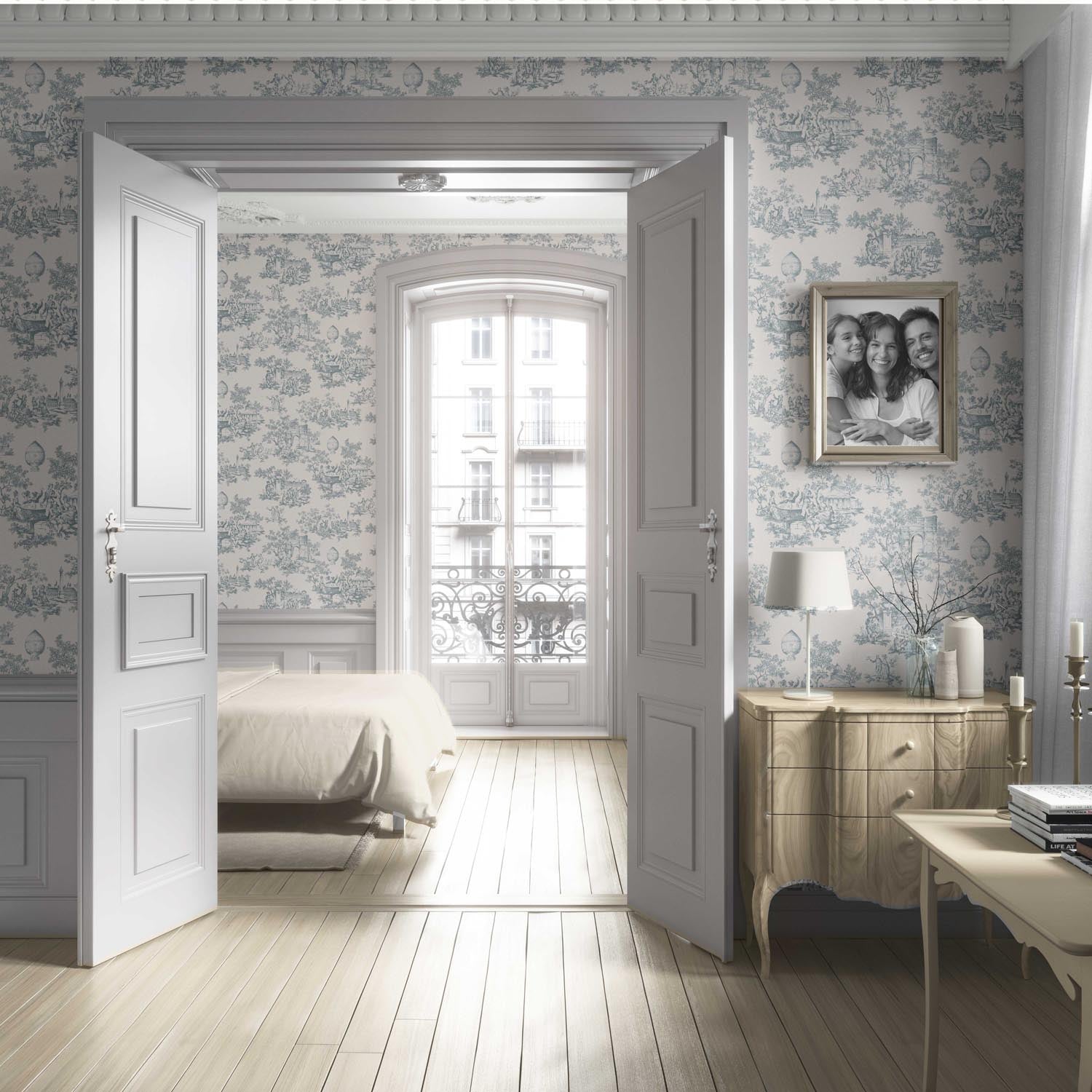 Toile de Jouy/ Nature Print Living Room Wallpaper (Blue/ Gray/ Off-White)