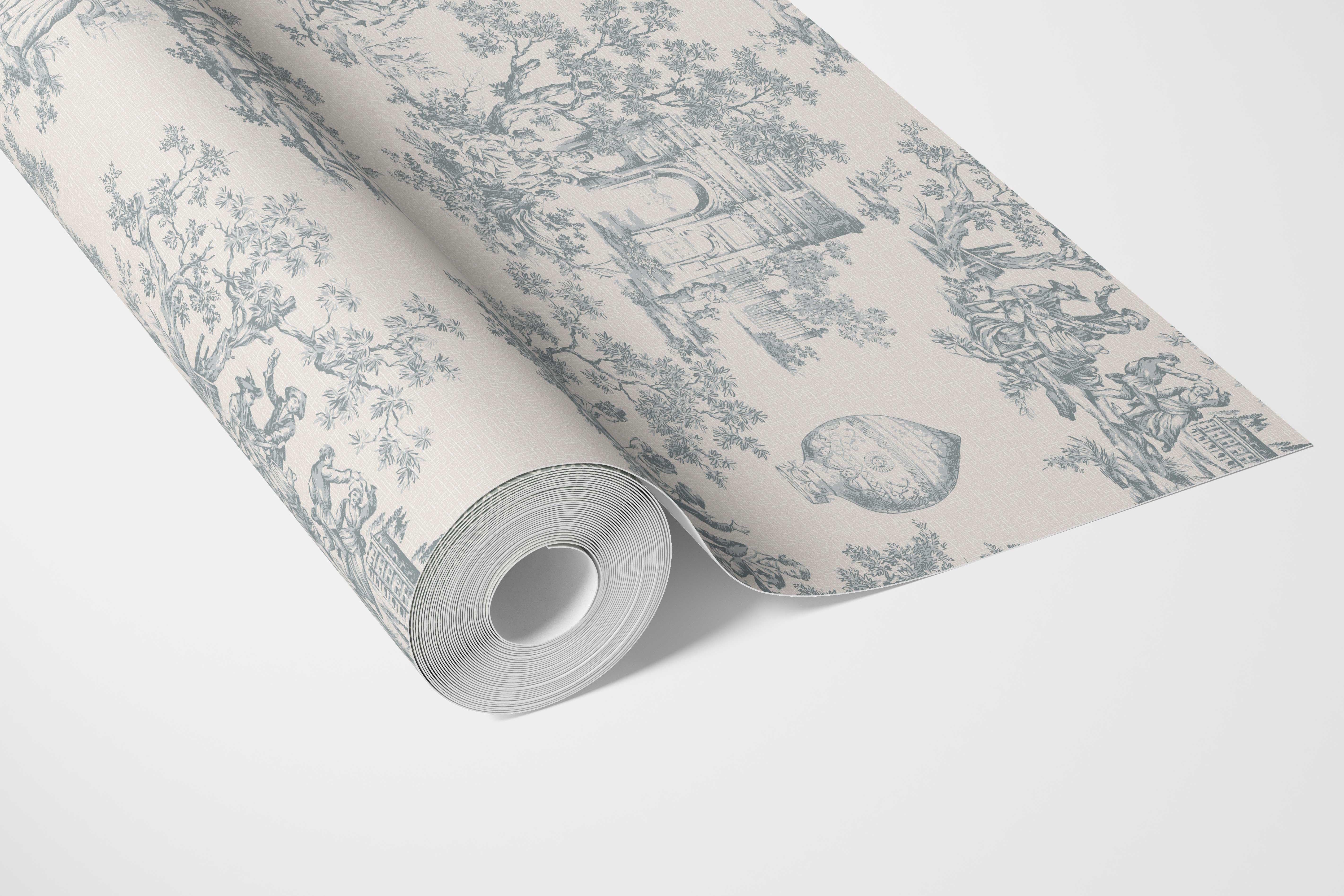 Toile de Jouy/ Nature Print Bathroom Wallpaper Sample (Blue/ Gray/ Off-White)