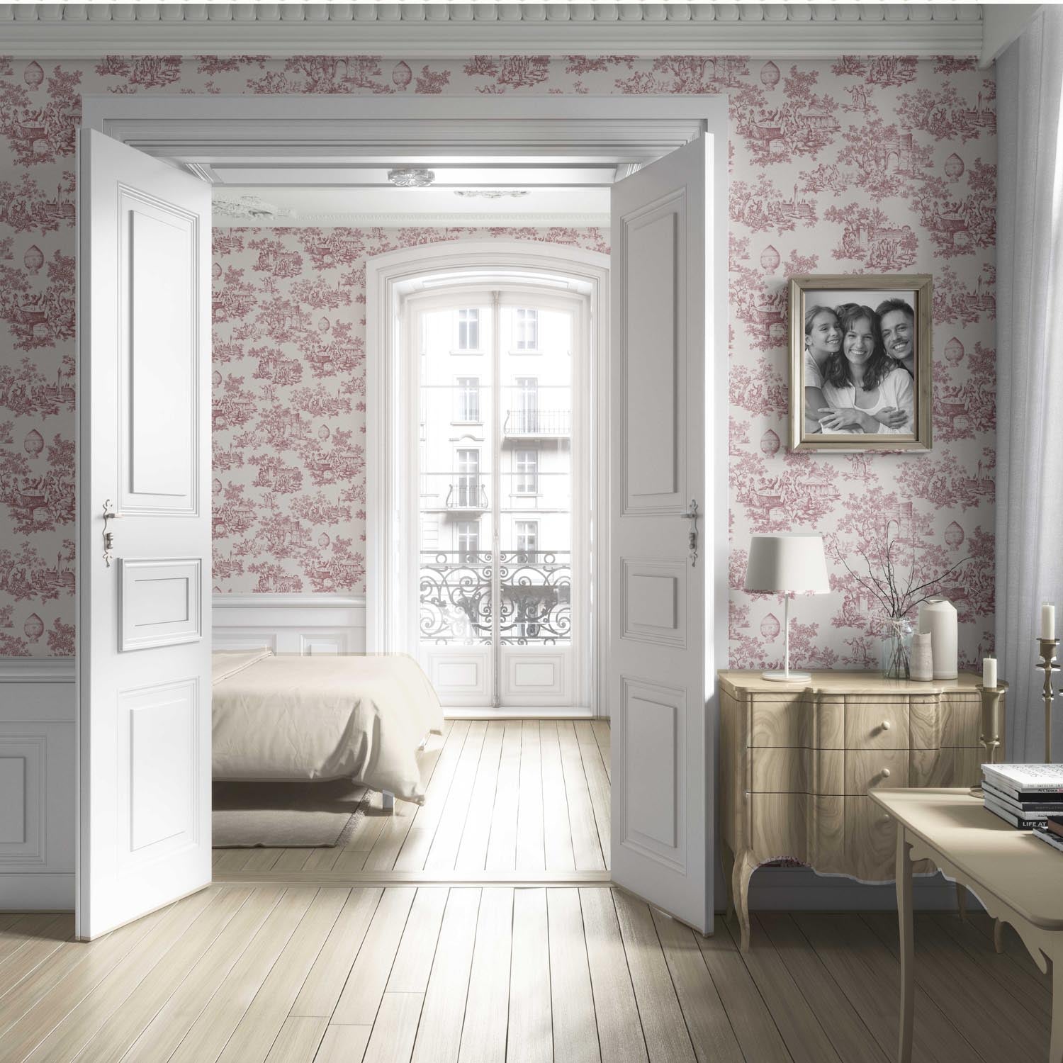 Toile de Jouy/ Nature Print Living Room Wallpaper (Pink/ Off-White)