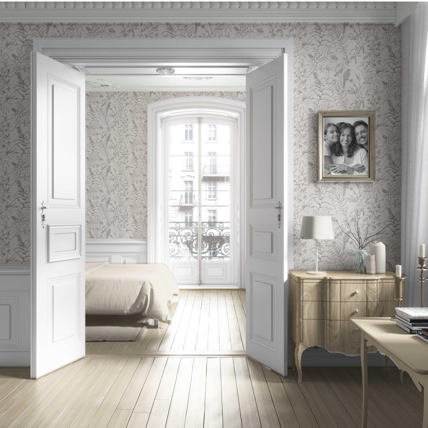 Birds Print/ Botanical Living Room Wallpaper Sample (Gray/ Off-White)