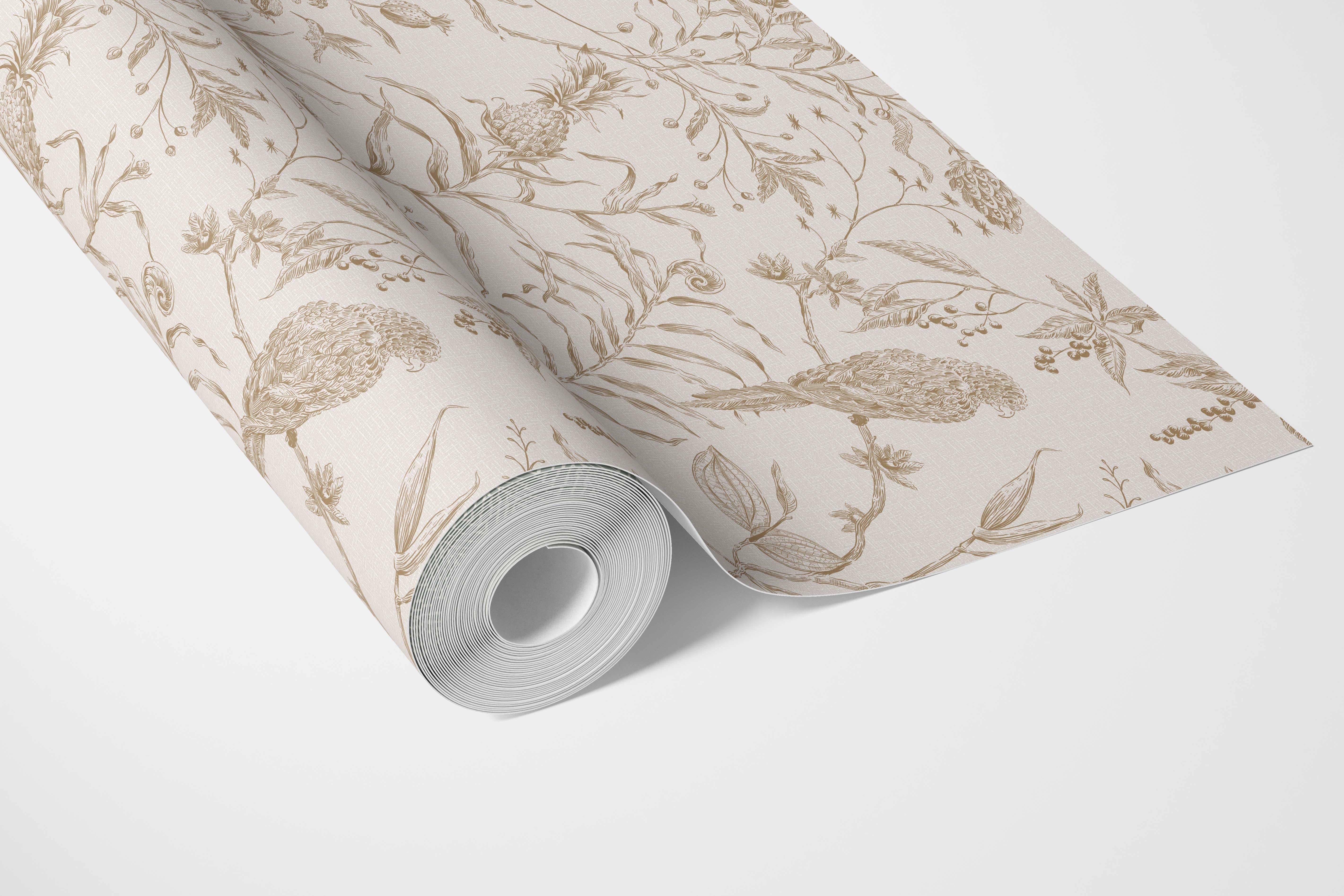 Birds Print/ Botanical Bathroom Wallpaper Sample (Beige/ Brown/ Warm Gray)