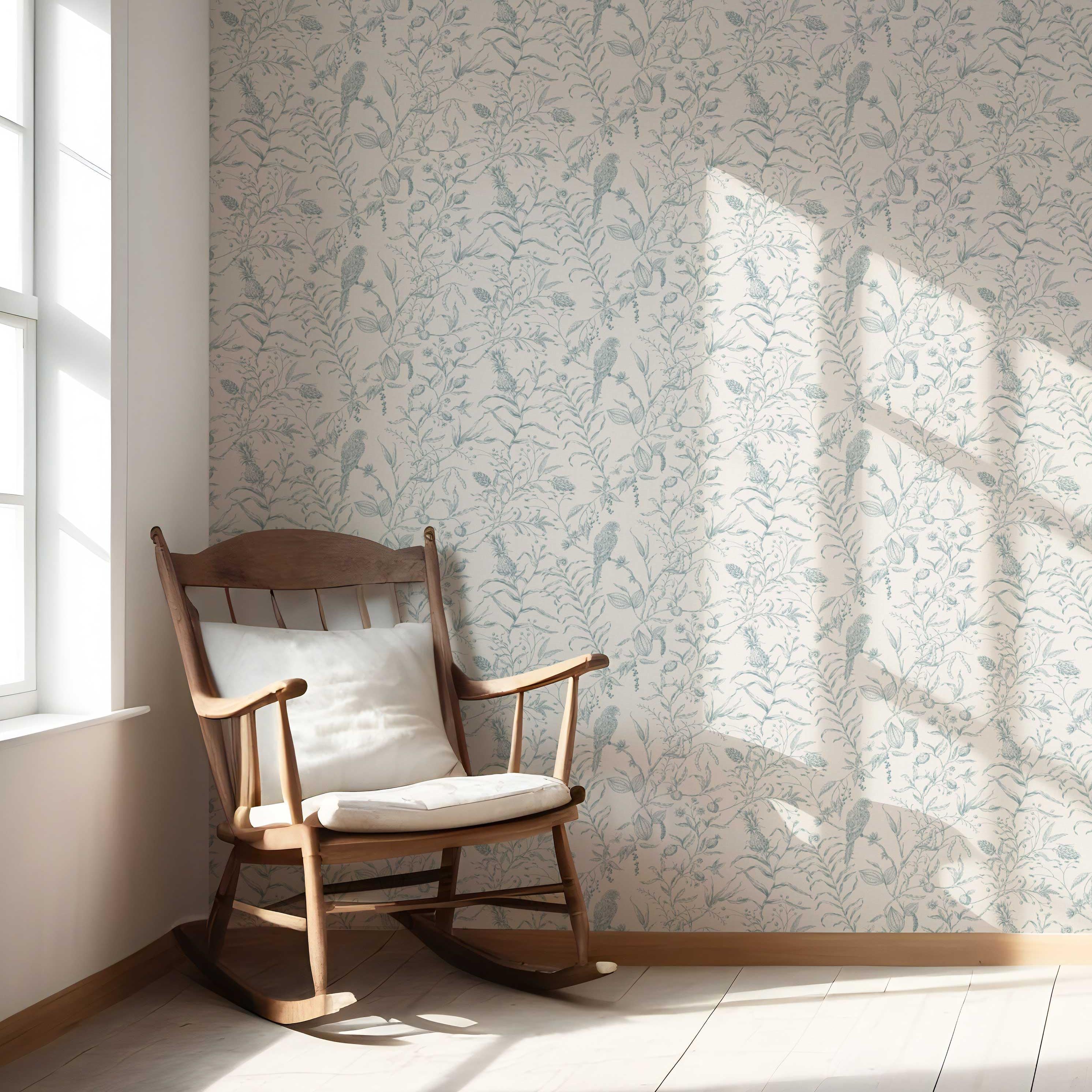 Birds Print/ Botanical Nursery Wallpaper Sample (Duck Egg Blue/ Off-White)