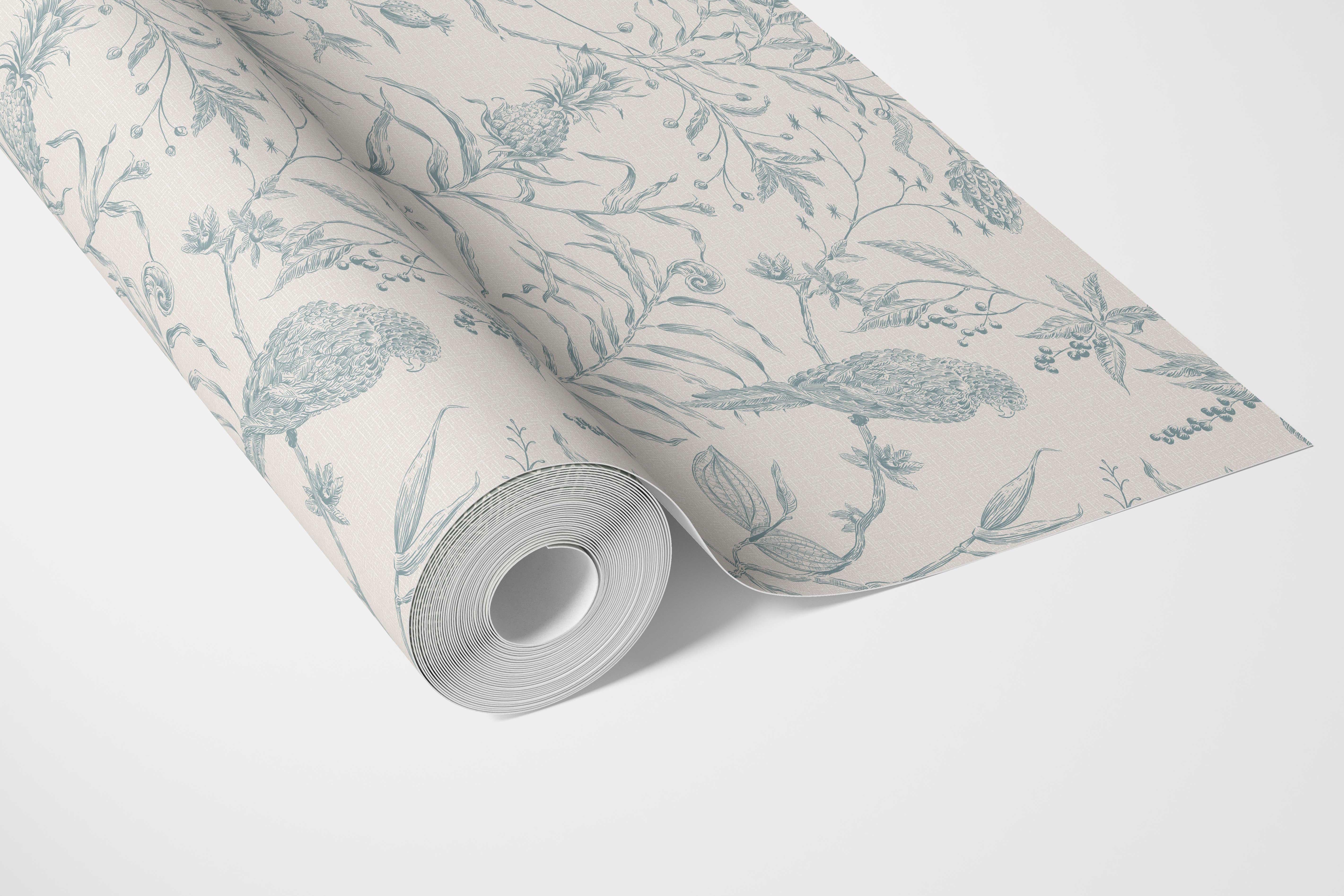 Birds Print/ Botanical Bathroom Wallpaper Sample (Duck Egg Blue/ Off-White)
