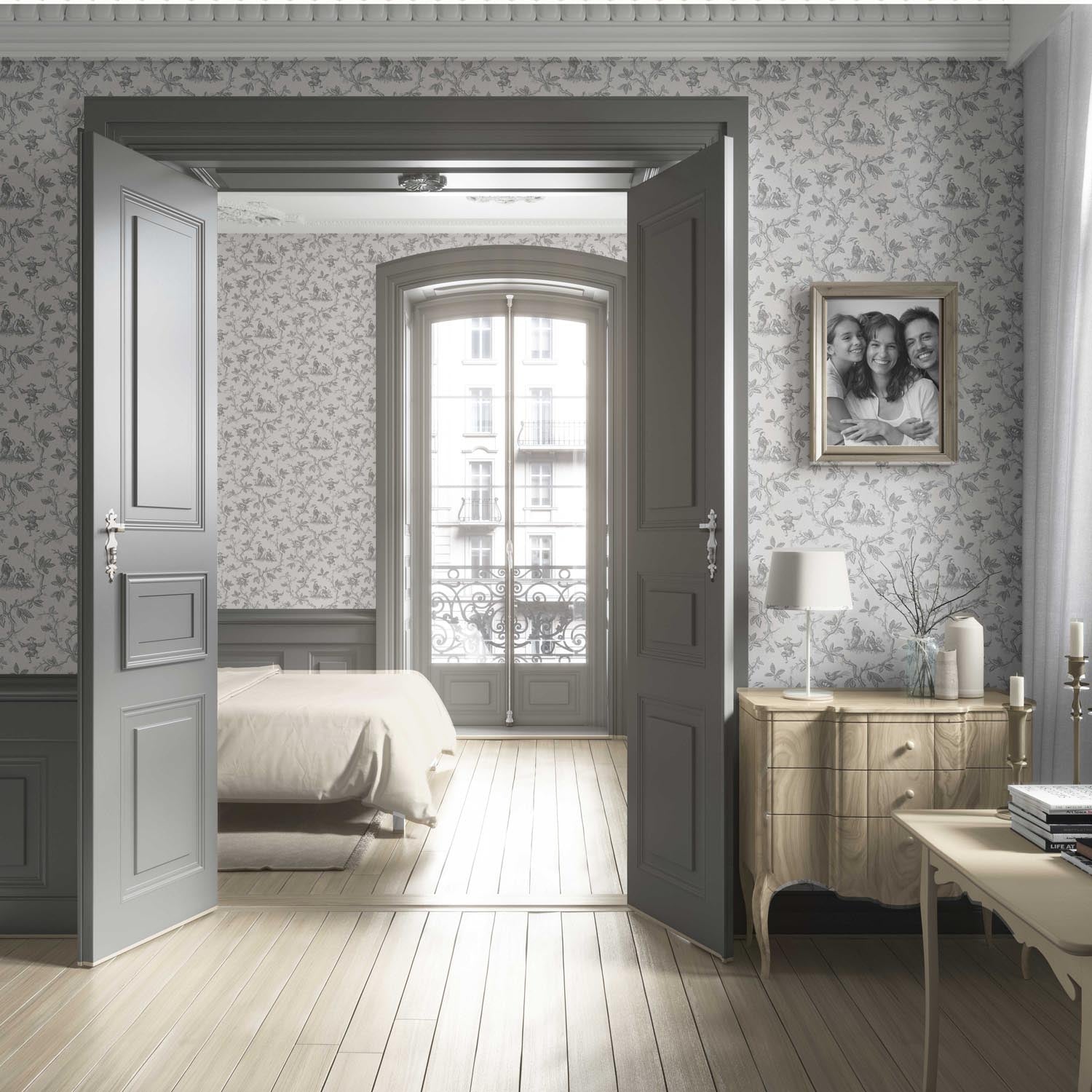 Floral Toile de Jouy Living Room Wallpaper (Gray/ Off-White)