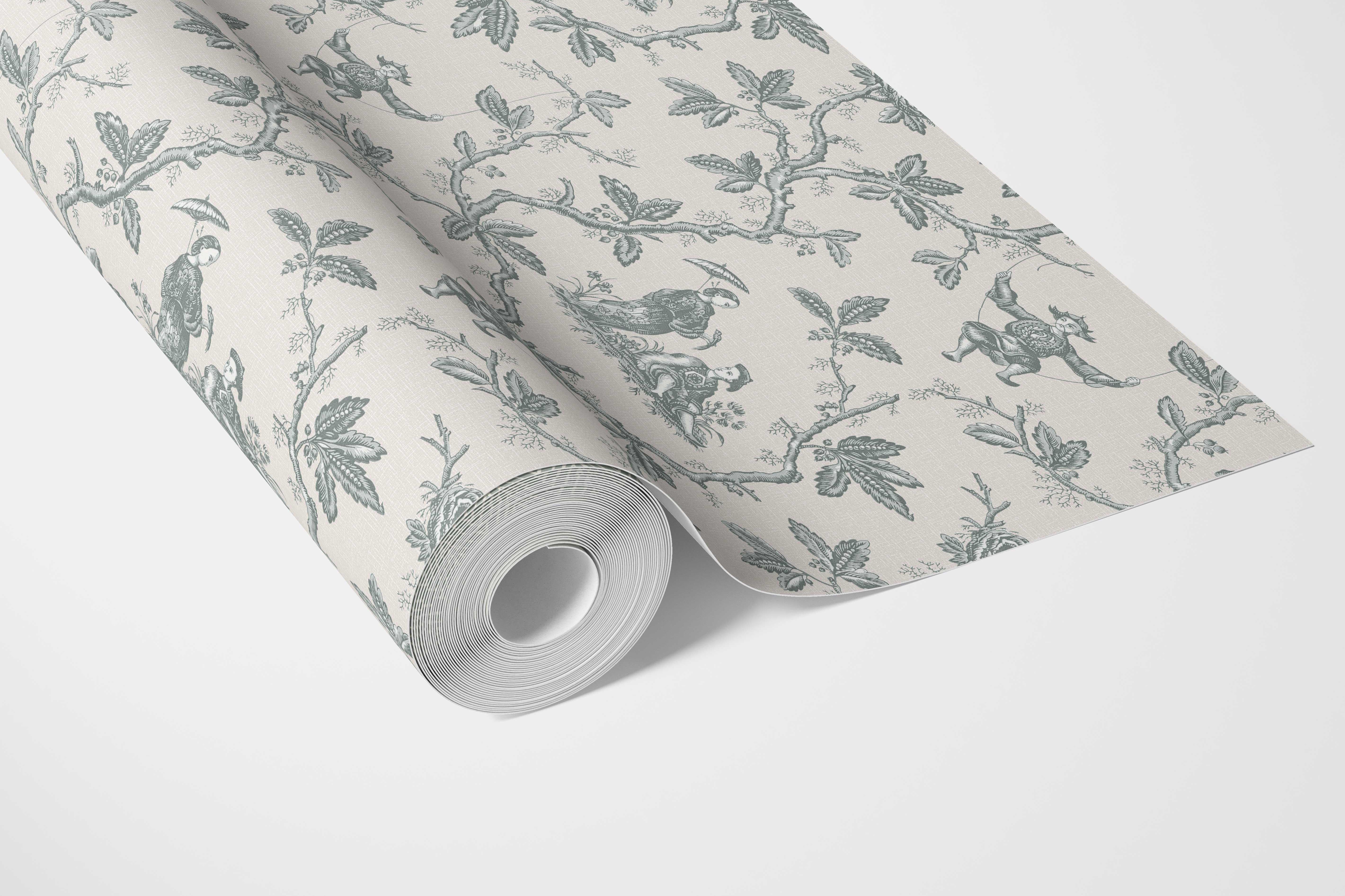 Floral Toile de Jouy Bathroom Wallpaper Sample (Blue-Gray/ Off-White)