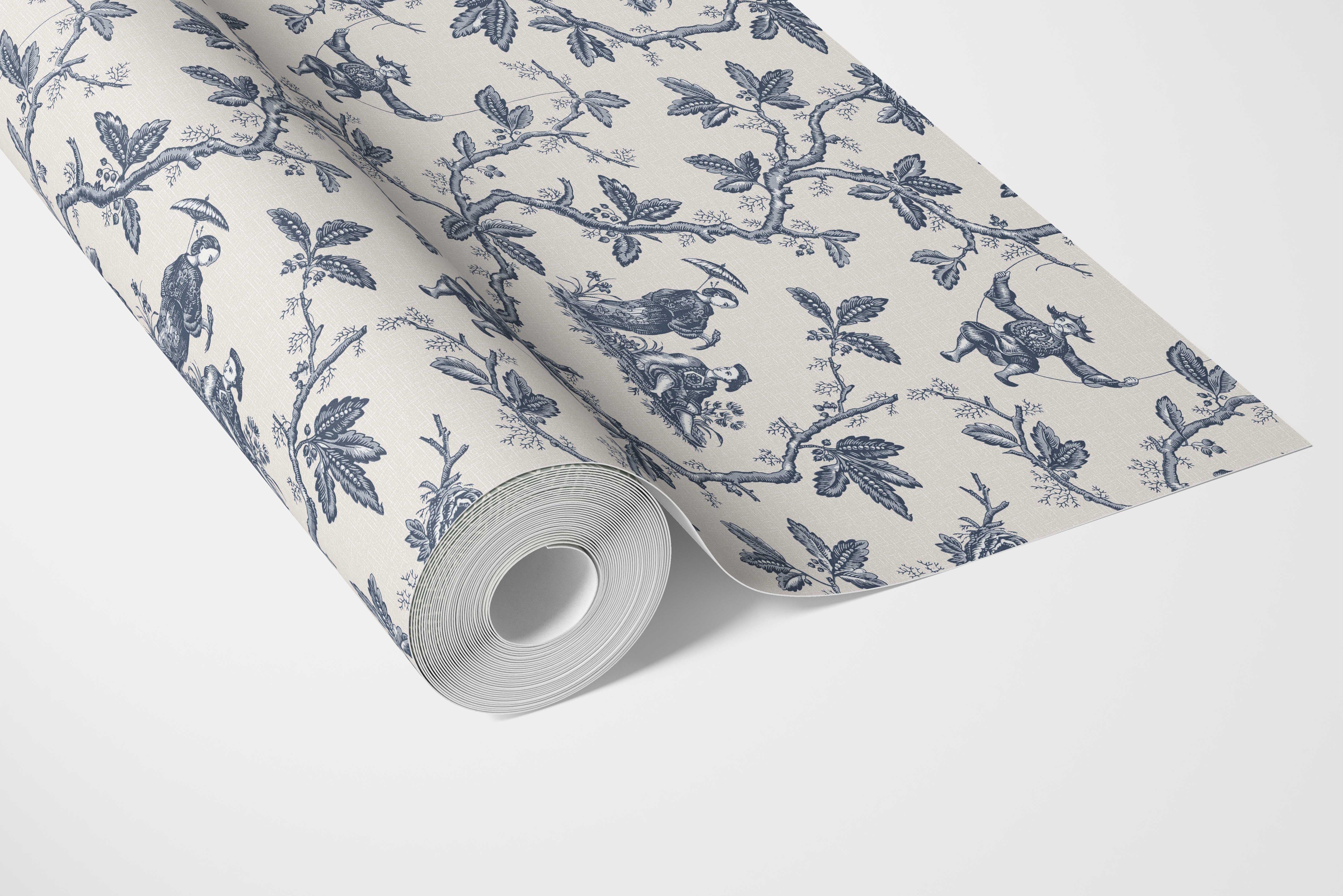 Floral Toile de Jouy Bathroom Wallpaper (Navy Blue/ Off-White)