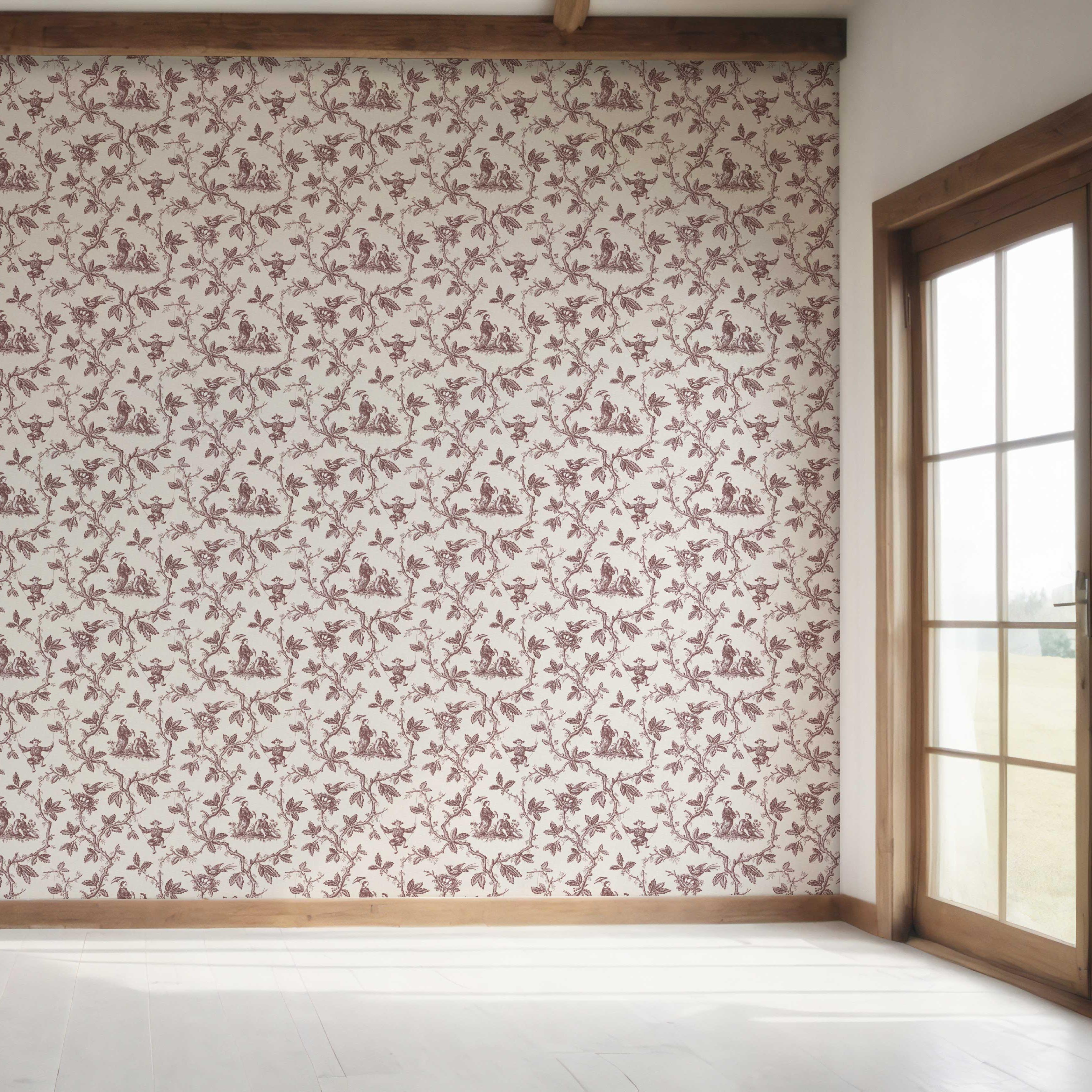 Floral Toile de Jouy Bedroom Wallpaper Sample (Brick Red/ Deep Pink)