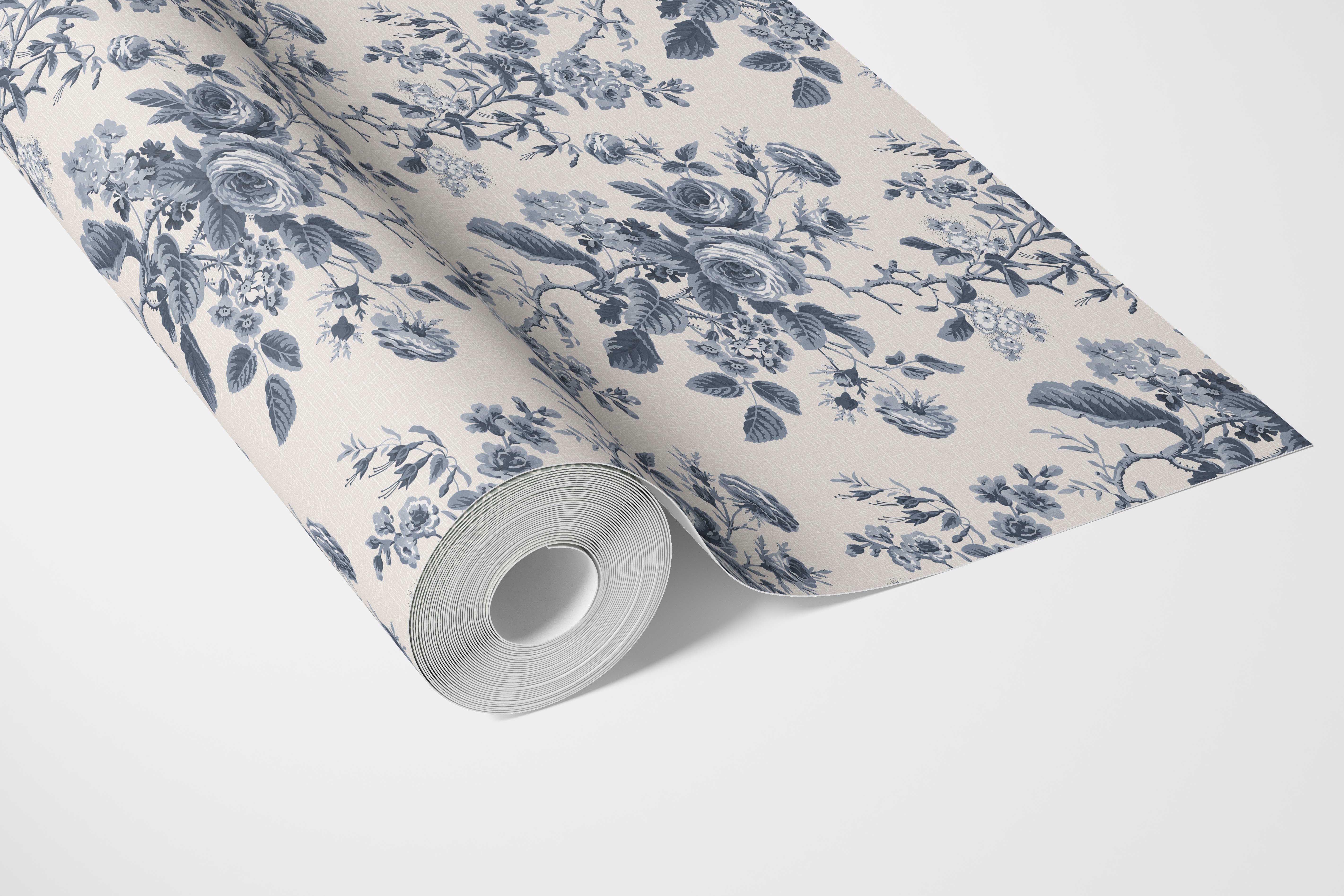 Vintage-Inspired Floral Toile/ Botanical Bathroom Wallpaper Sample (Vintage Blue/ Slate Blue)