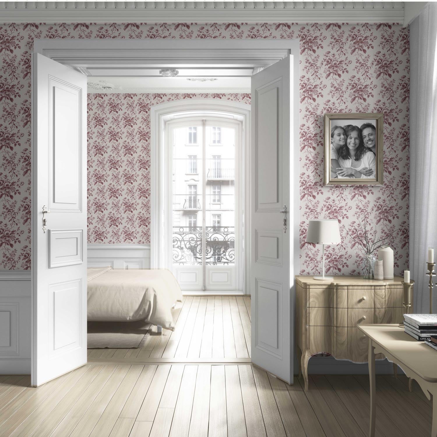 Vintage-Inspired Floral Toile/ Botanical Living Room Wallpaper Sample (Burgundy Red)