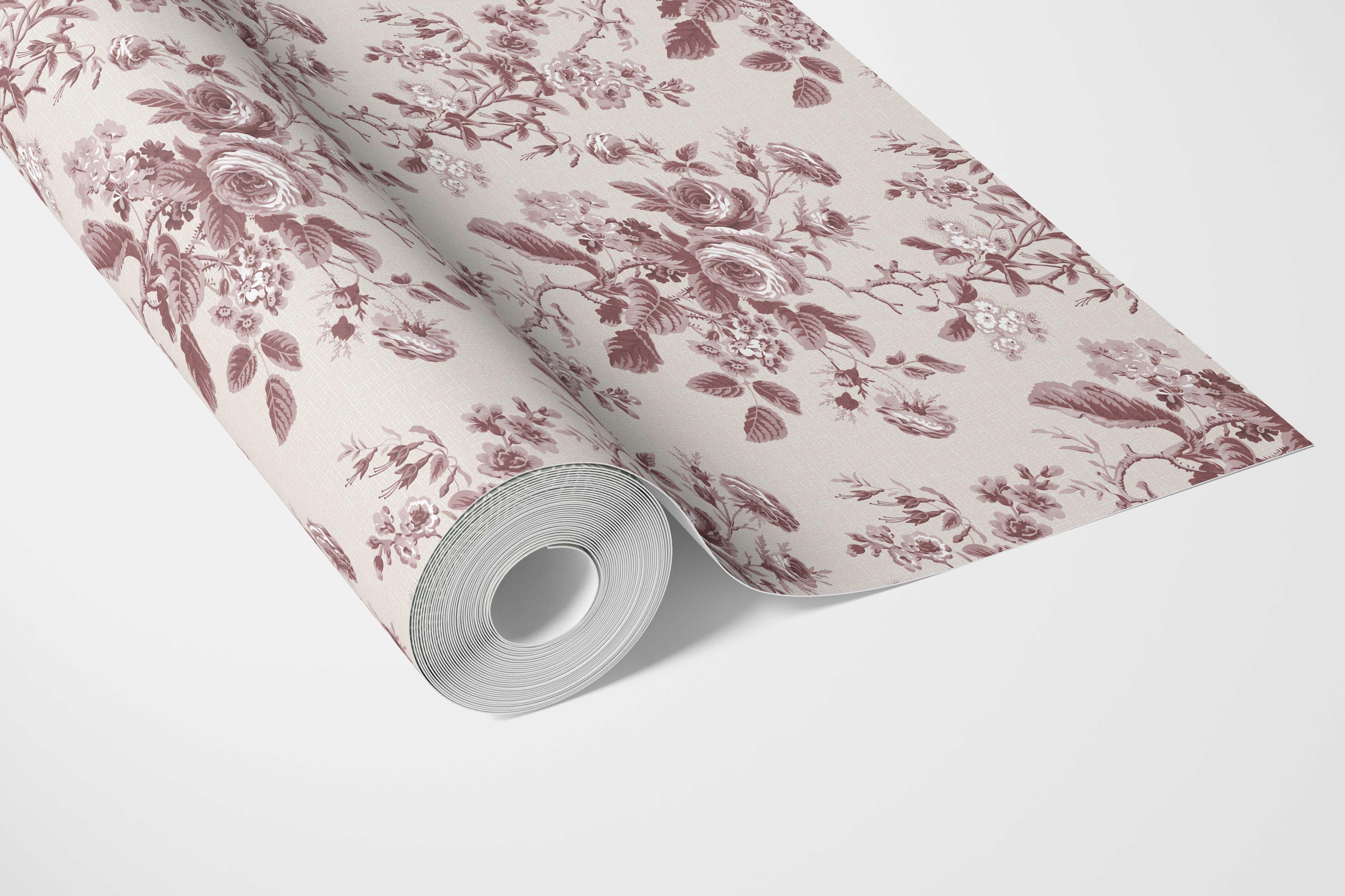 Vintage-Inspired Floral Toile/ Botanical Bathroom Wallpaper Sample (Burgundy Red)