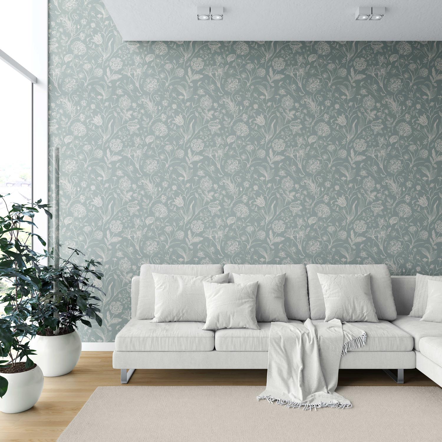 Floral/ Botanical Shower Toilet Wallpaper Sample (Cadet Blue/ Mint Gray/ Cream)