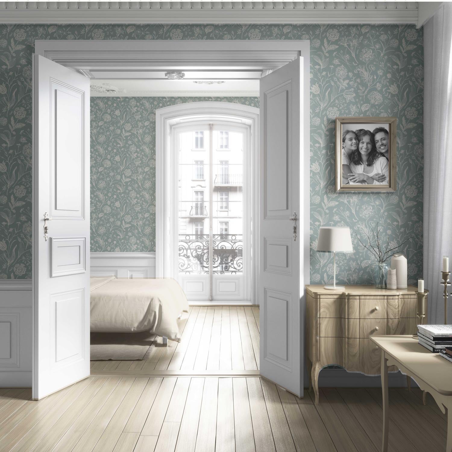 Floral/ Botanical Living Room Wallpaper Sample (Cadet Blue/ Mint Gray/ Cream)