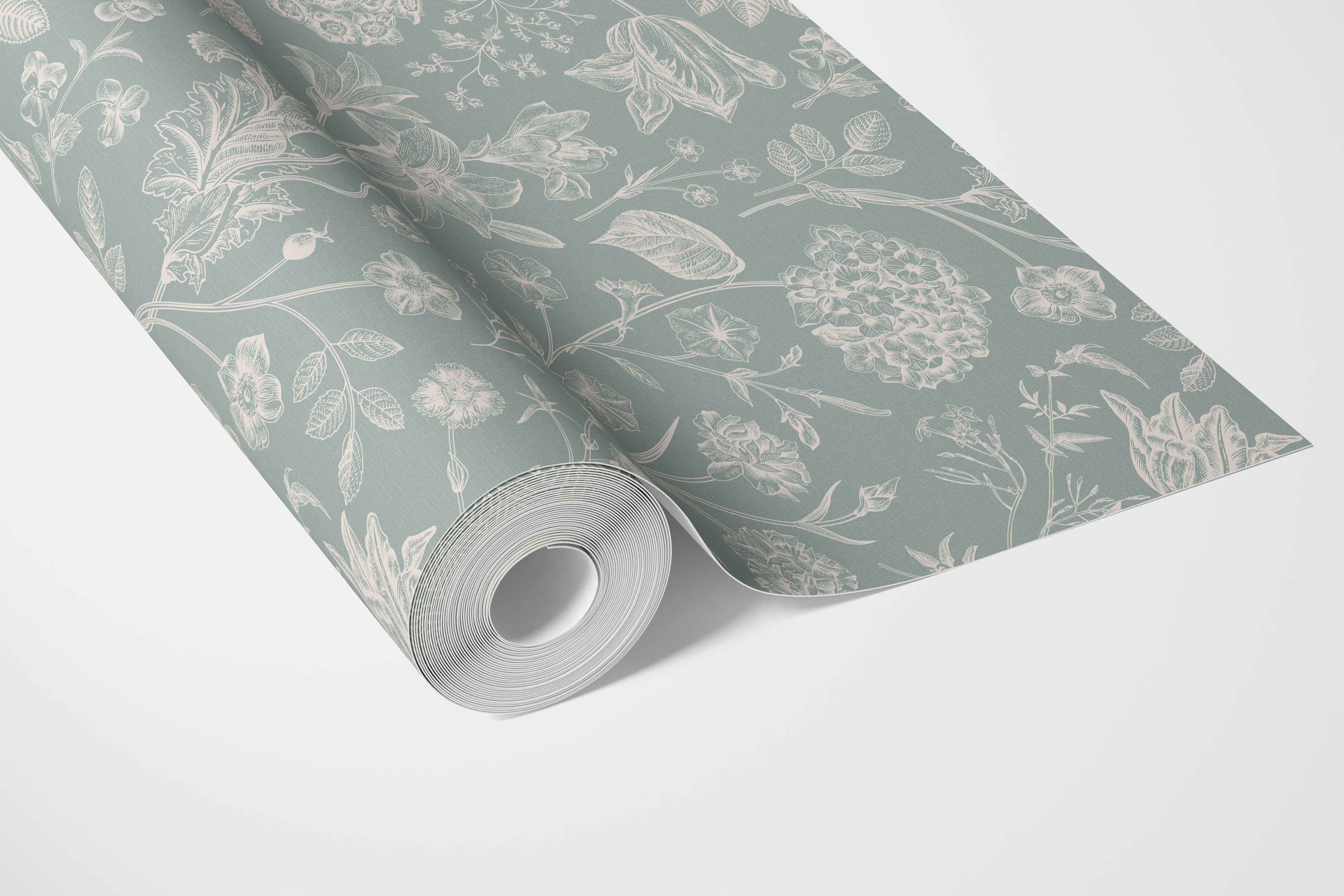 Floral/ Botanical Bathroom Wallpaper (Cadet Blue/ Mint Gray/ Cream)