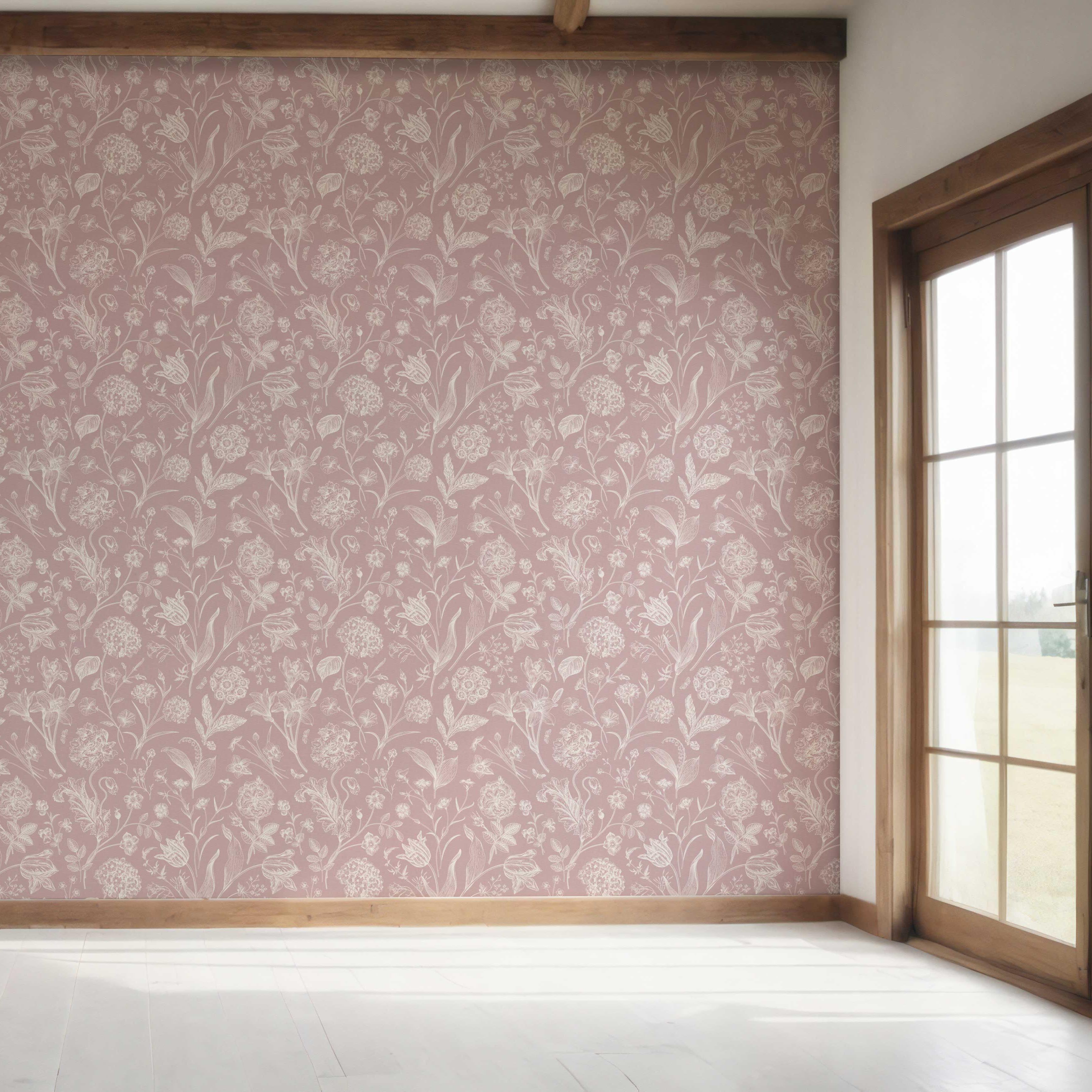 Floral/ Botanical Bedroom Wallpaper Sample (Dusky Pink/ Cream)