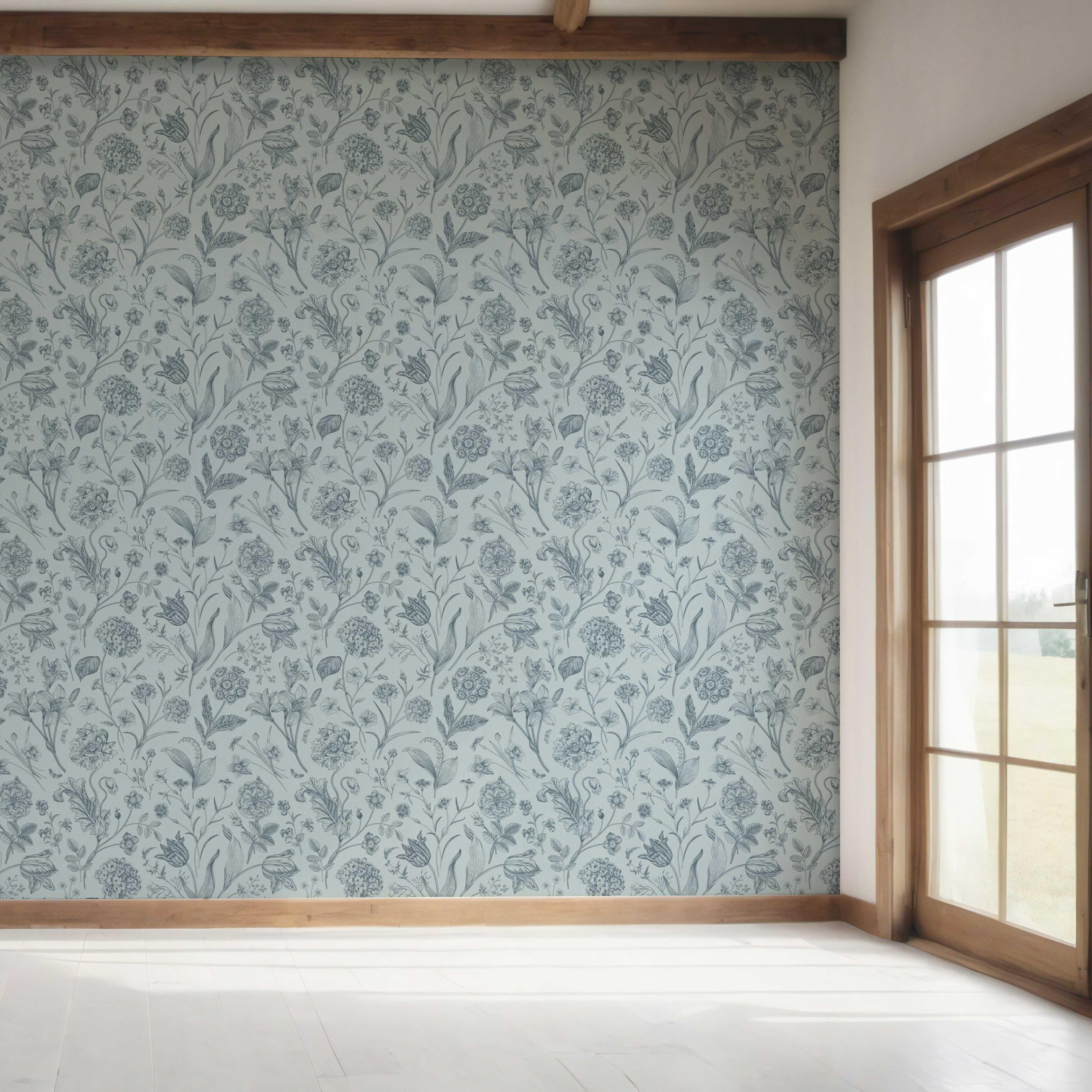 Floral/ Botanical Bedroom Wallpaper (Slate Blue/ Gray)
