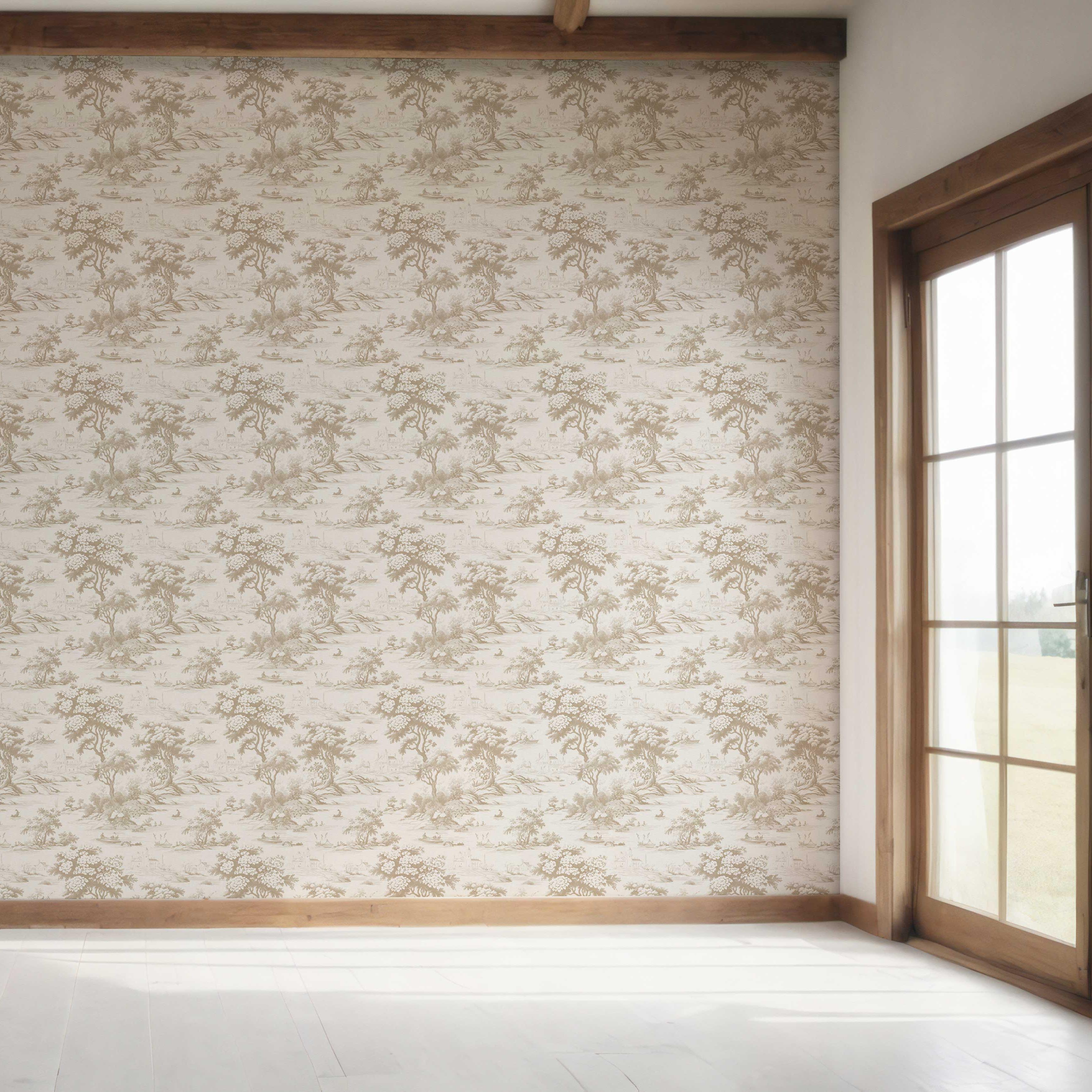 Floral Toile de Jouy Nature Print Bedroom Wallpaper Sample (Beige/ Brown/ Taupe)