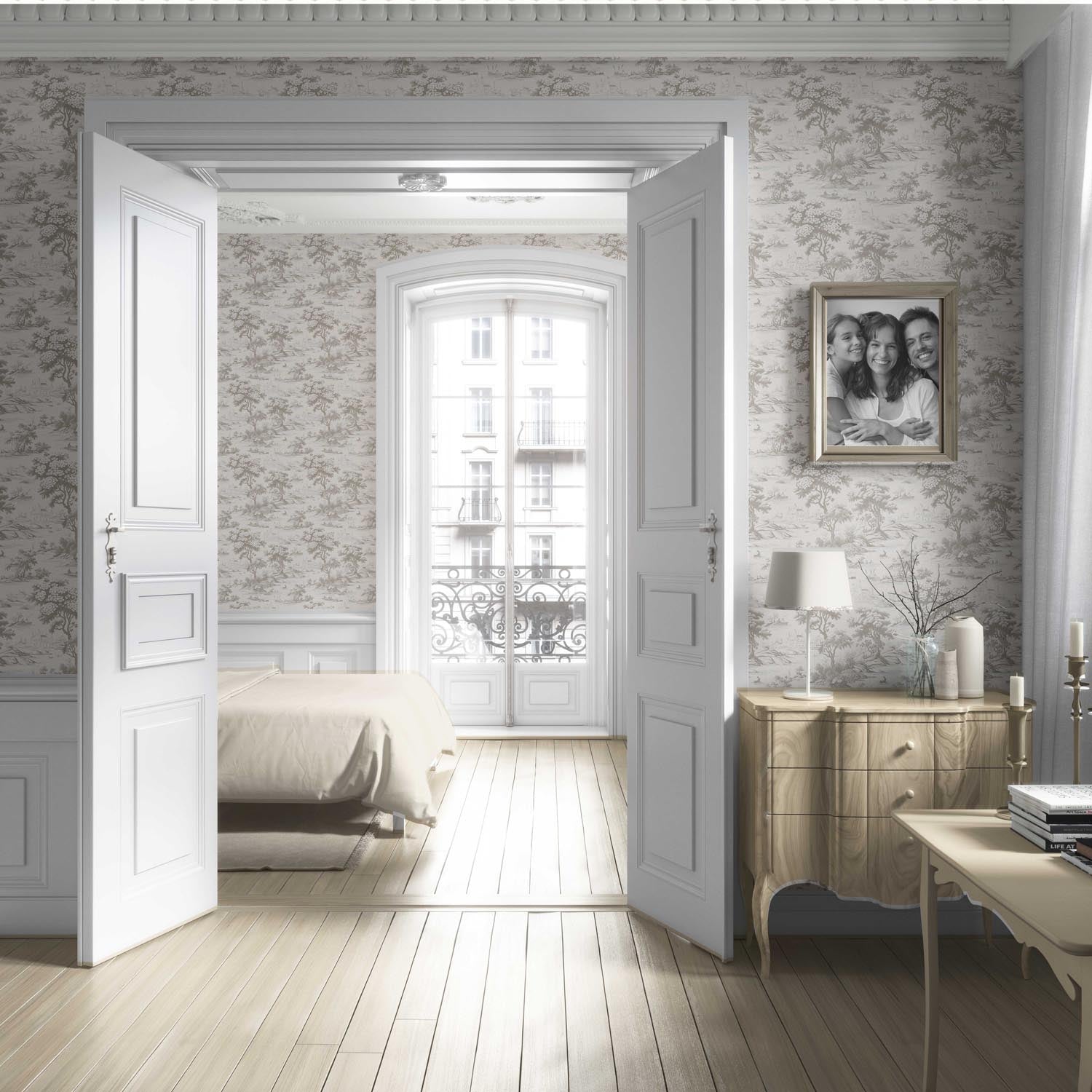Floral Toile de Jouy Nature Print Living Room Wallpaper Sample (Greige/ Taupe/ Warm Gray)