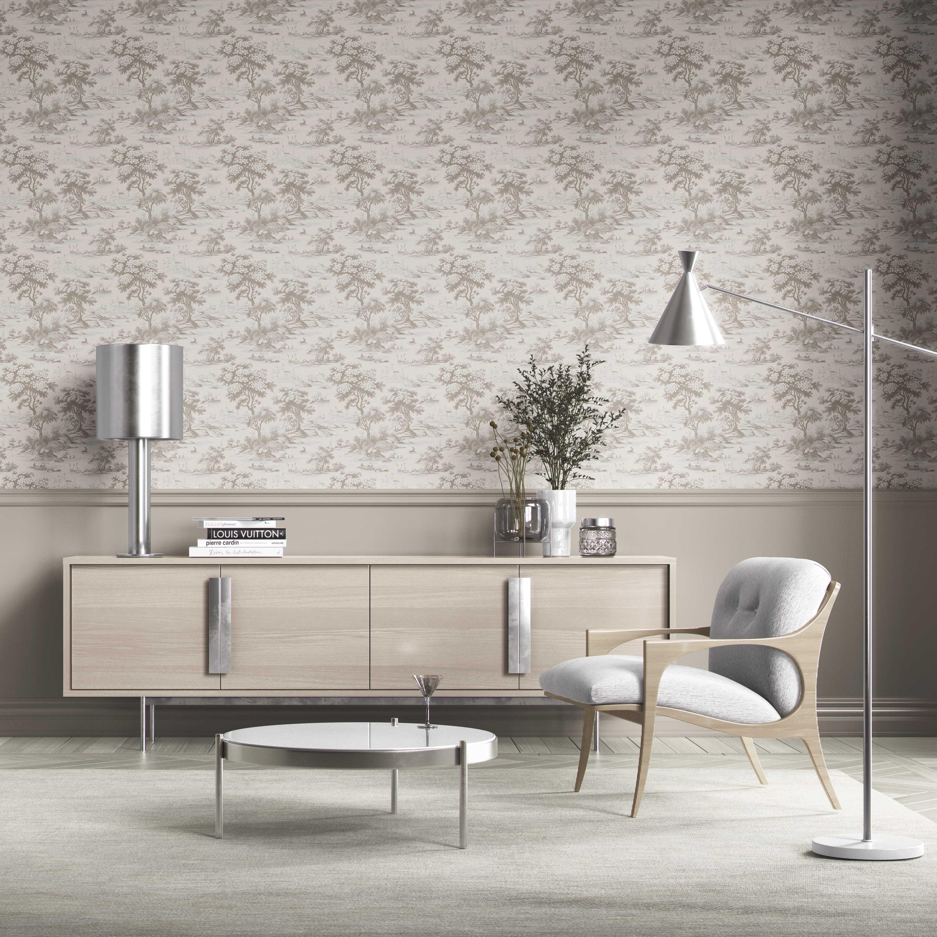 Floral Toile de Jouy Nature Print Kitchen Wallpaper Sample (Greige/ Taupe/ Warm Gray)