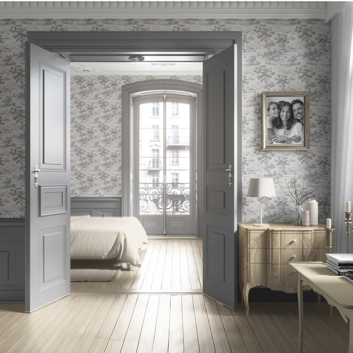 Floral Toile de Jouy Nature Print Living Room Wallpaper (Silver Gray)