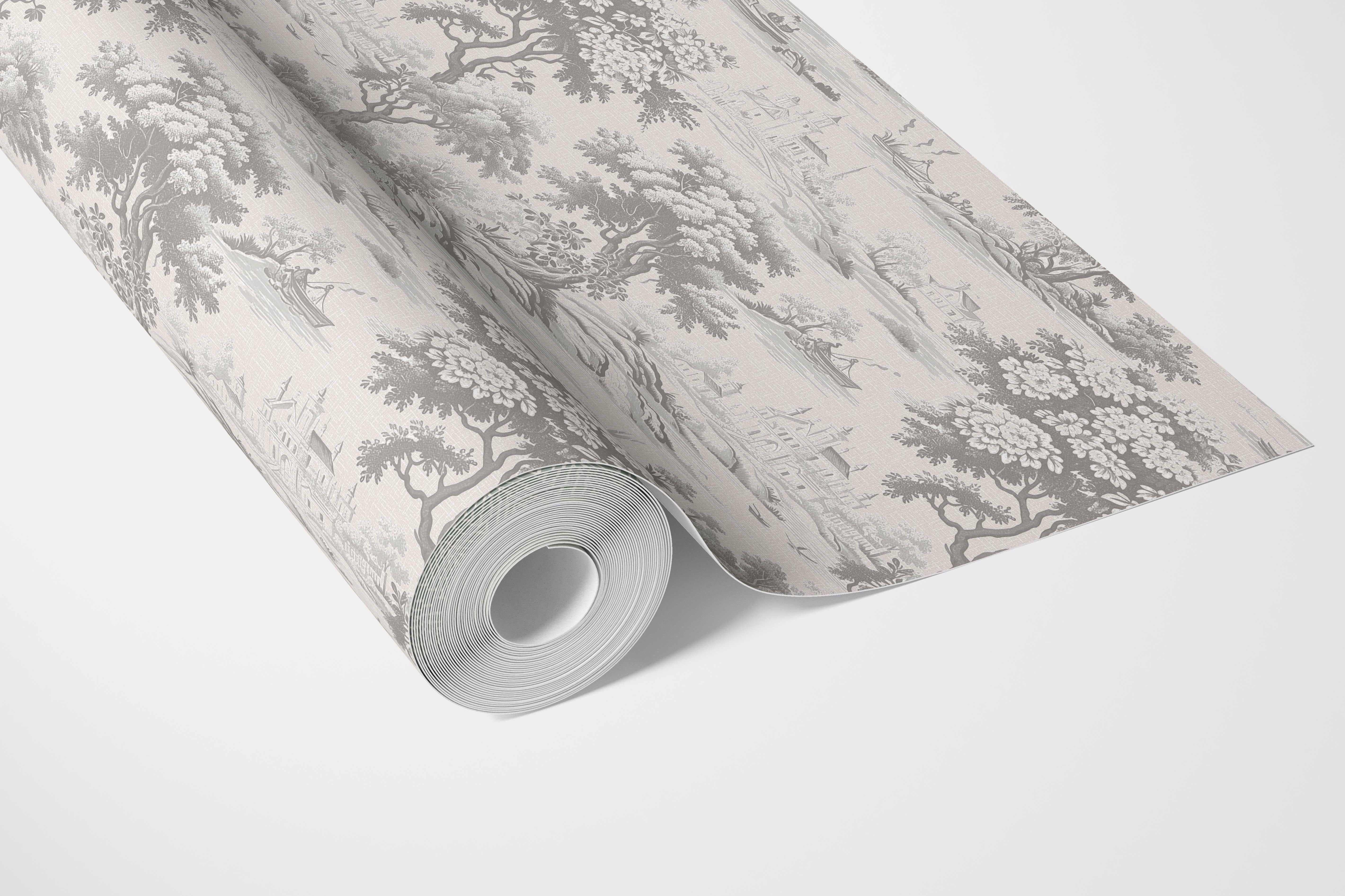 Floral Toile de Jouy Nature Print Bathroom Wallpaper Sample (Silver Gray)