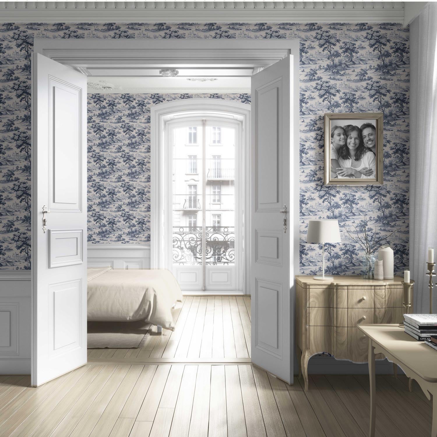 Floral Toile de Jouy Nature Print Living Room Wallpaper Sample (Navy Blue)
