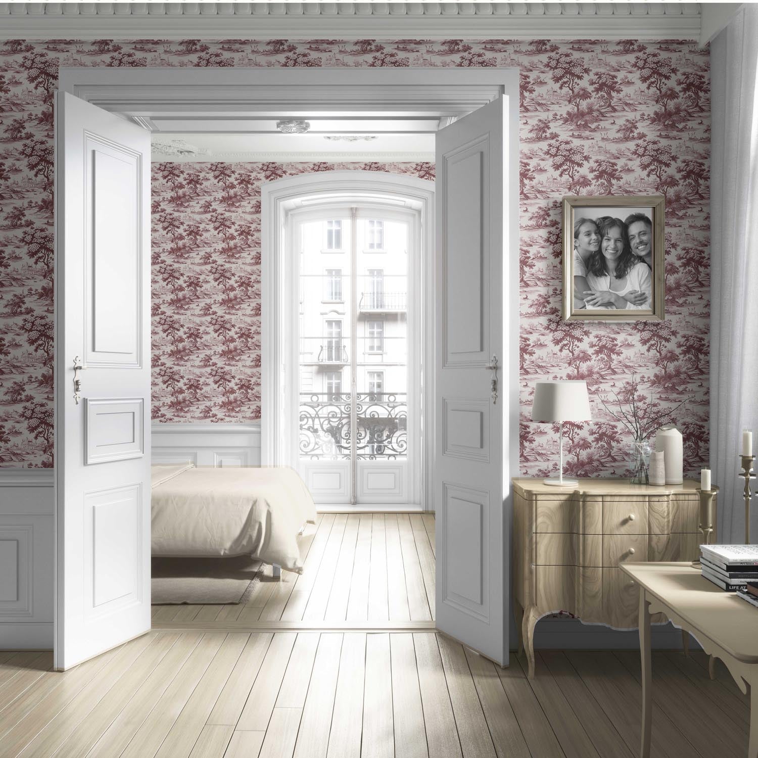 Floral Toile de Jouy Nature Print Living Room Wallpaper (Maroon Red/ Deep Pink)
