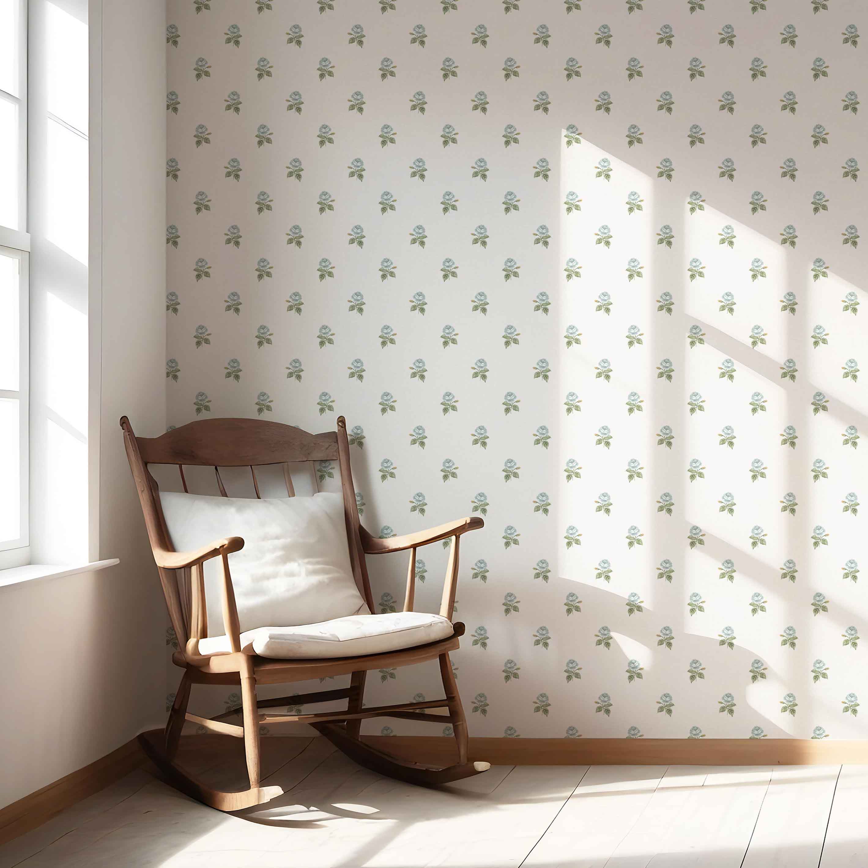 Vintage-Inspired Floral Block Print Nursery Wallpaper (Blue/ Green/ White)