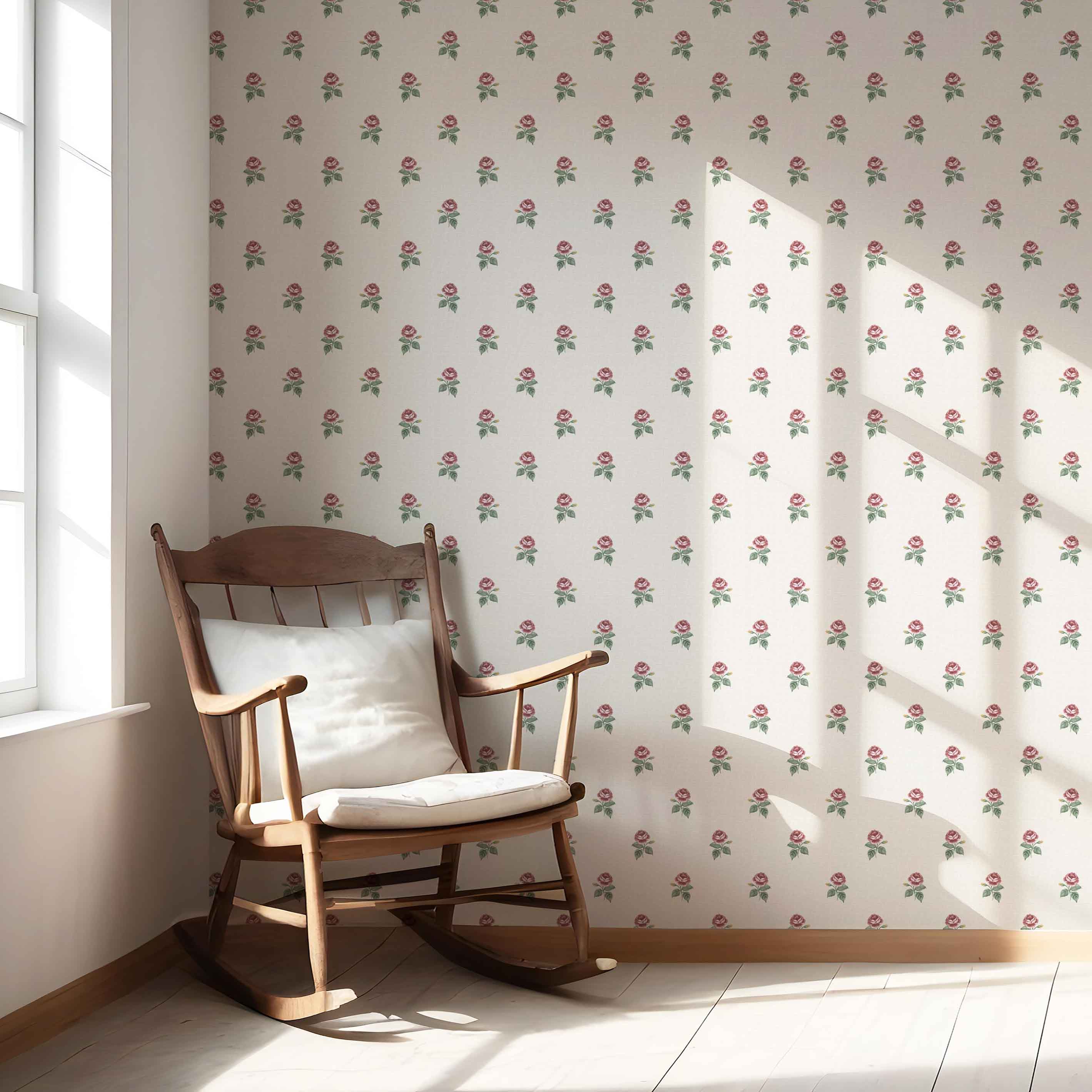 Vintage-Inspired Floral Block Print Nursery Wallpaper Sample (Red-Pink/ Green/ White)