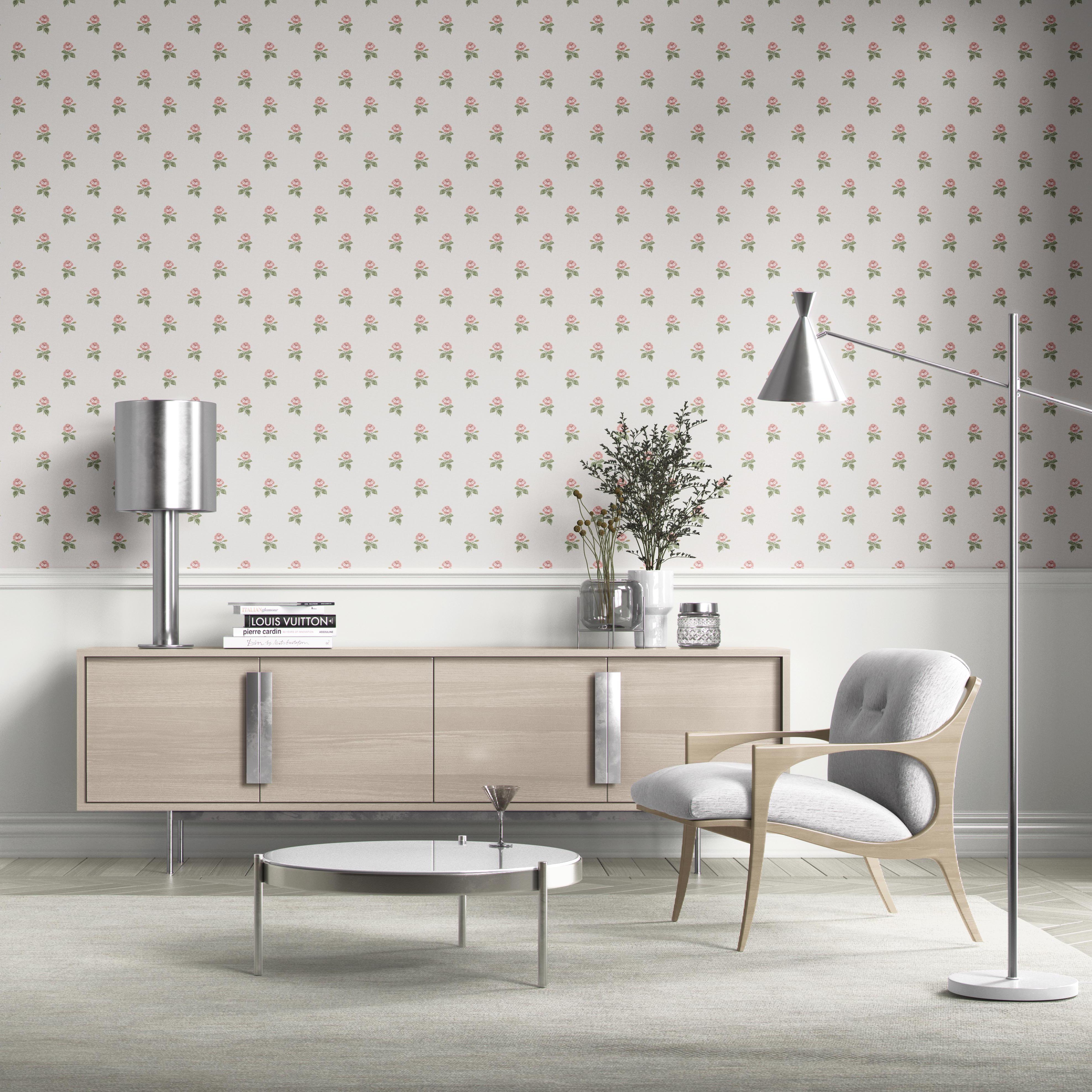 Vintage-Inspired Floral Block Print Bathroom Wallpaper (Pink/ Green/ White)