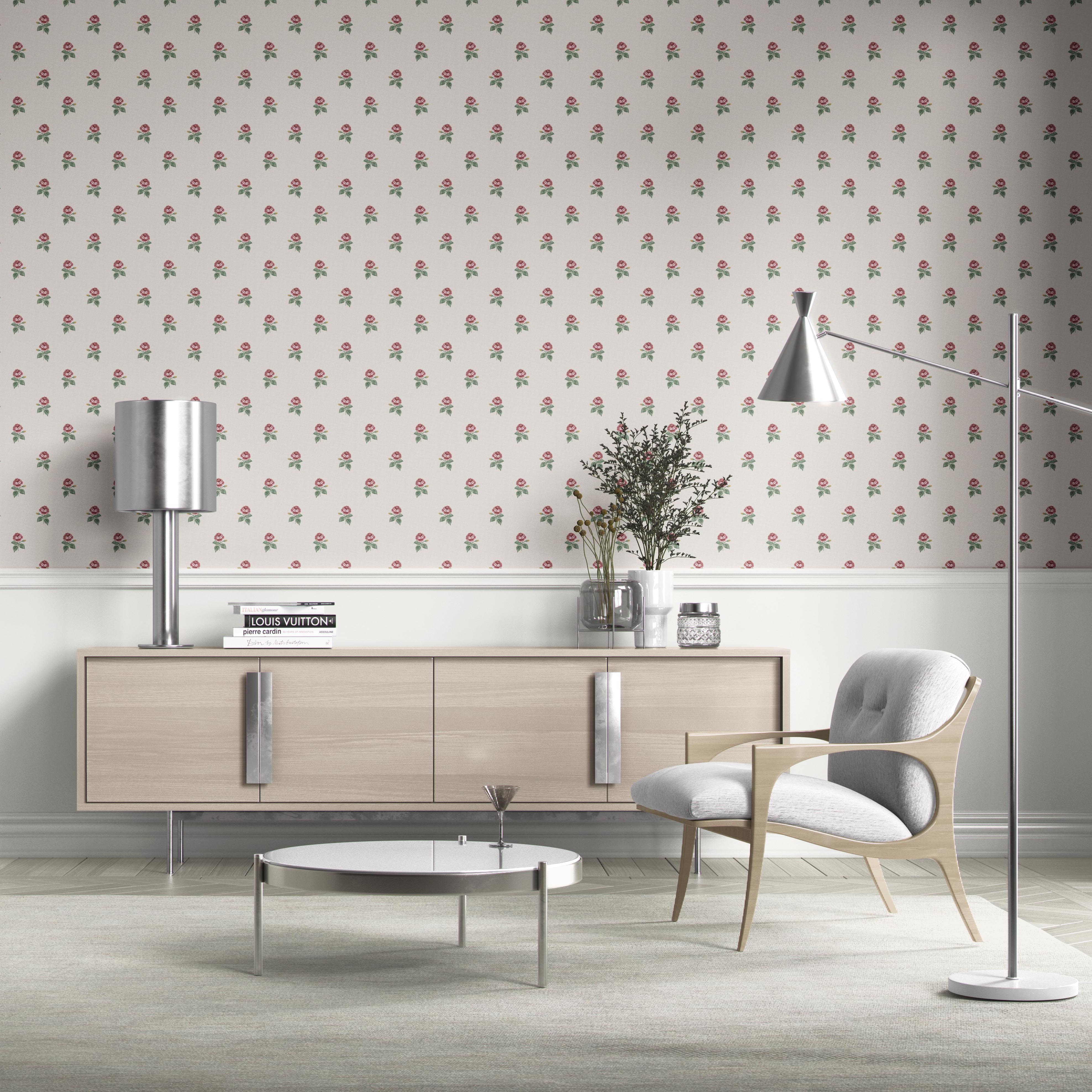 Vintage-Inspired Floral Block Print Bathroom Wallpaper Sample (Red-Pink/ Green/ White)
