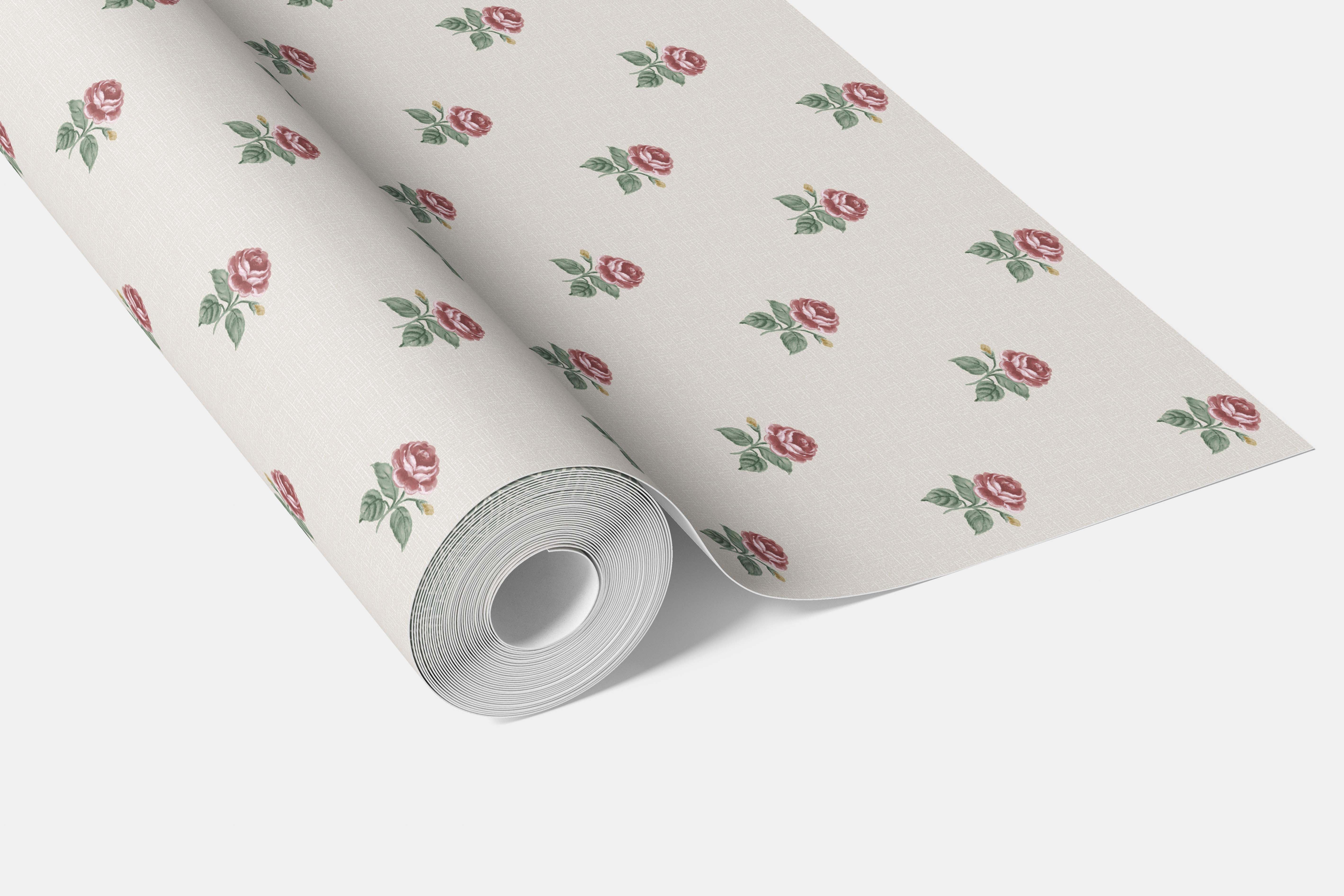 Vintage-Inspired Floral Block Print Kitchen Wallpaper Sample (Red-Pink/ Green/ White)