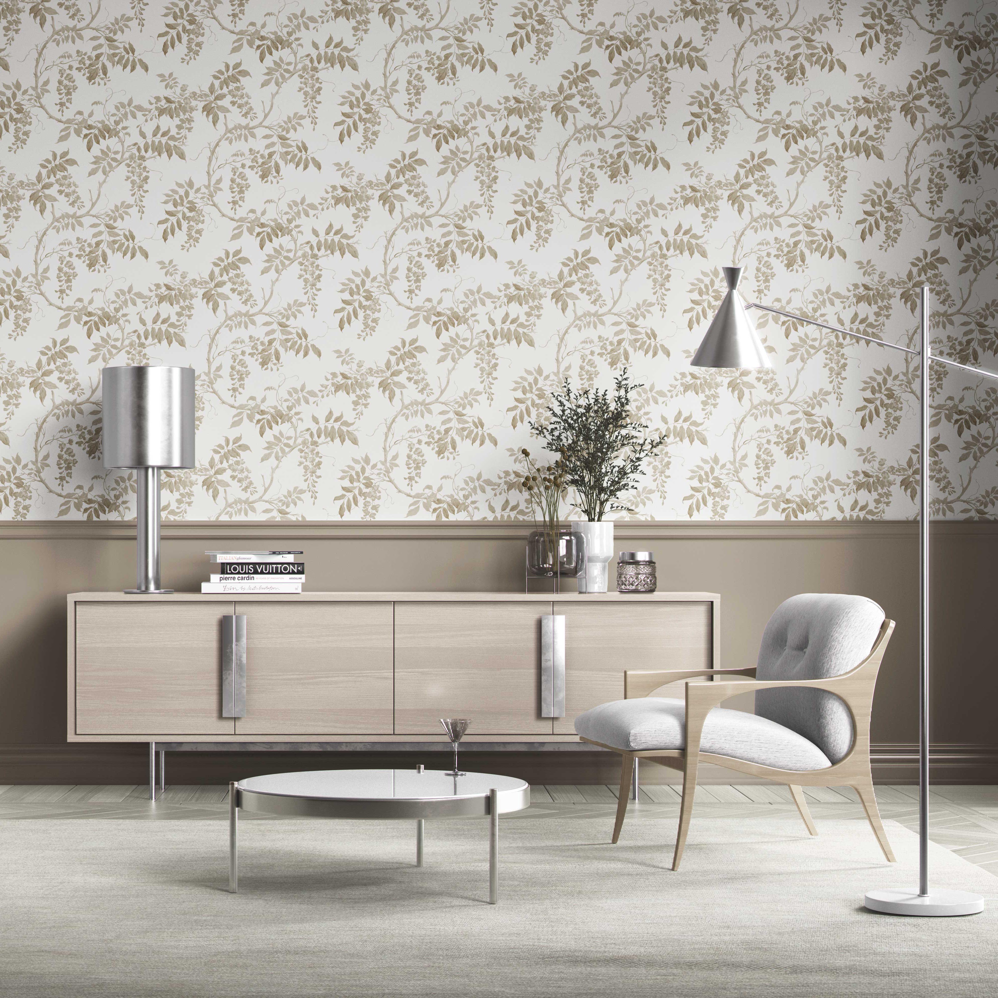 Neutral Floral Vine/ Botanical Kitchen Wallpaper (Beige/ Taupe/ Gray/ White)