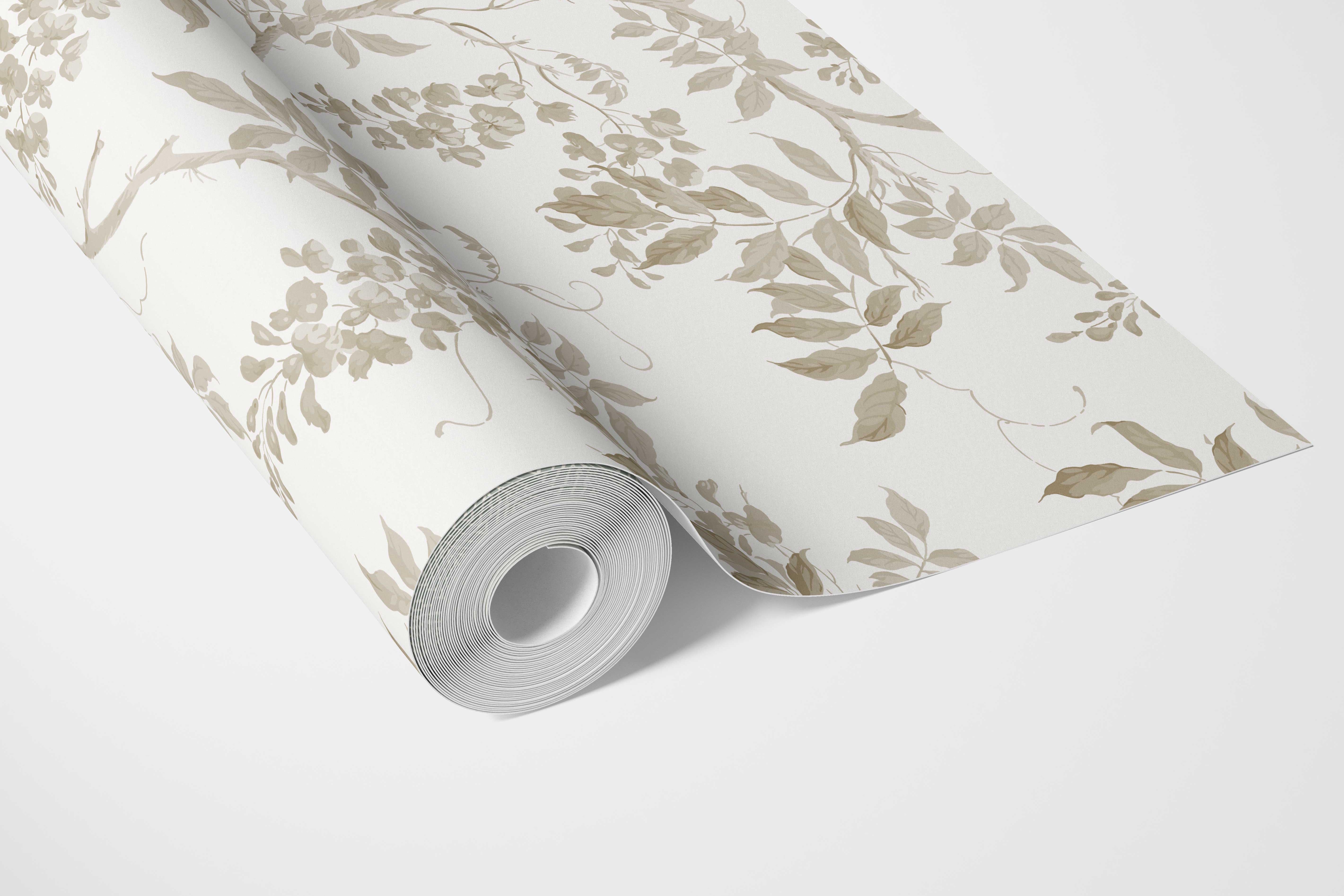 Neutral Floral Vine/ Botanical Bathroom Wallpaper (Beige/ Taupe/ Gray/ White)