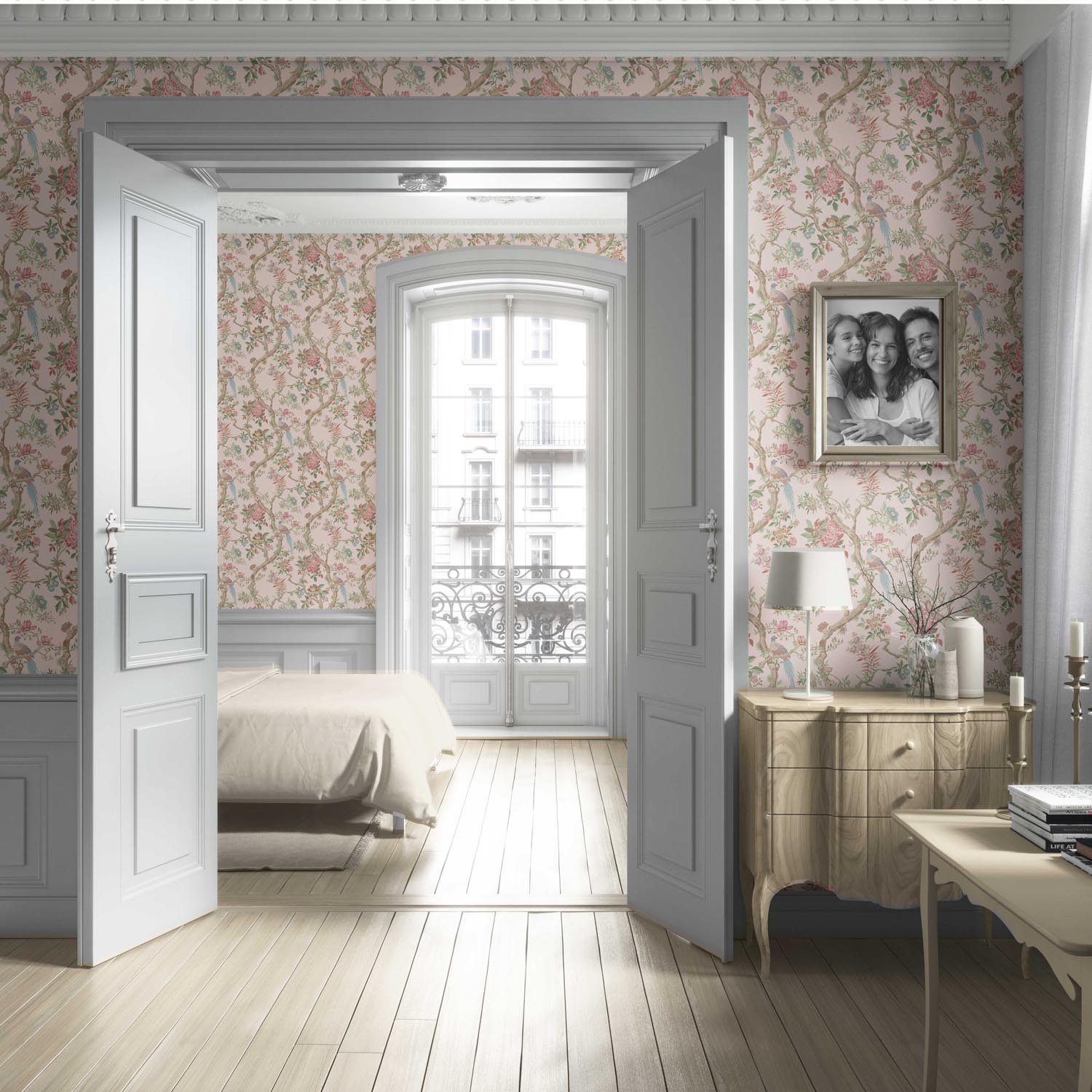 Floral/ Bird Print Chinoiserie Living Room Wallpaper Sample (Soft Pink/ Green/ Duck Egg Blue)