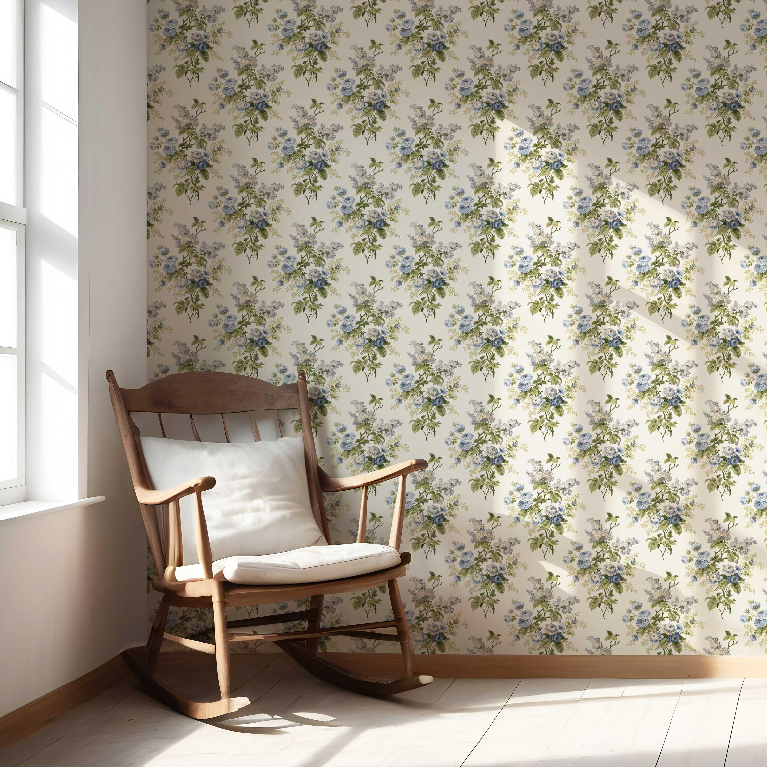 English Floral Print Nursery Wallpaper Sample (Cream/ Blue/ Green)