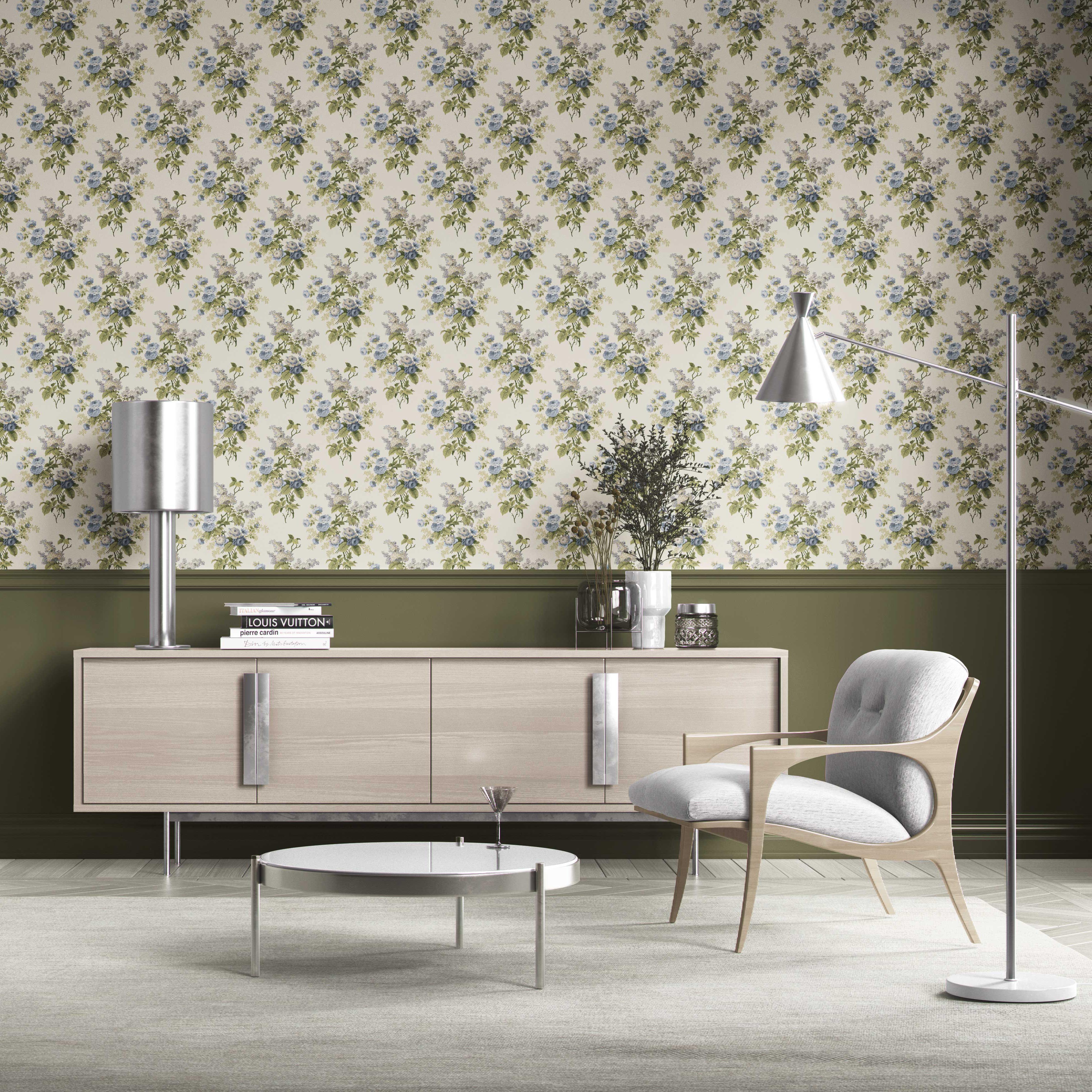 English Floral Print Kitchen Wallpaper Sample (Cream/ Blue/ Green)