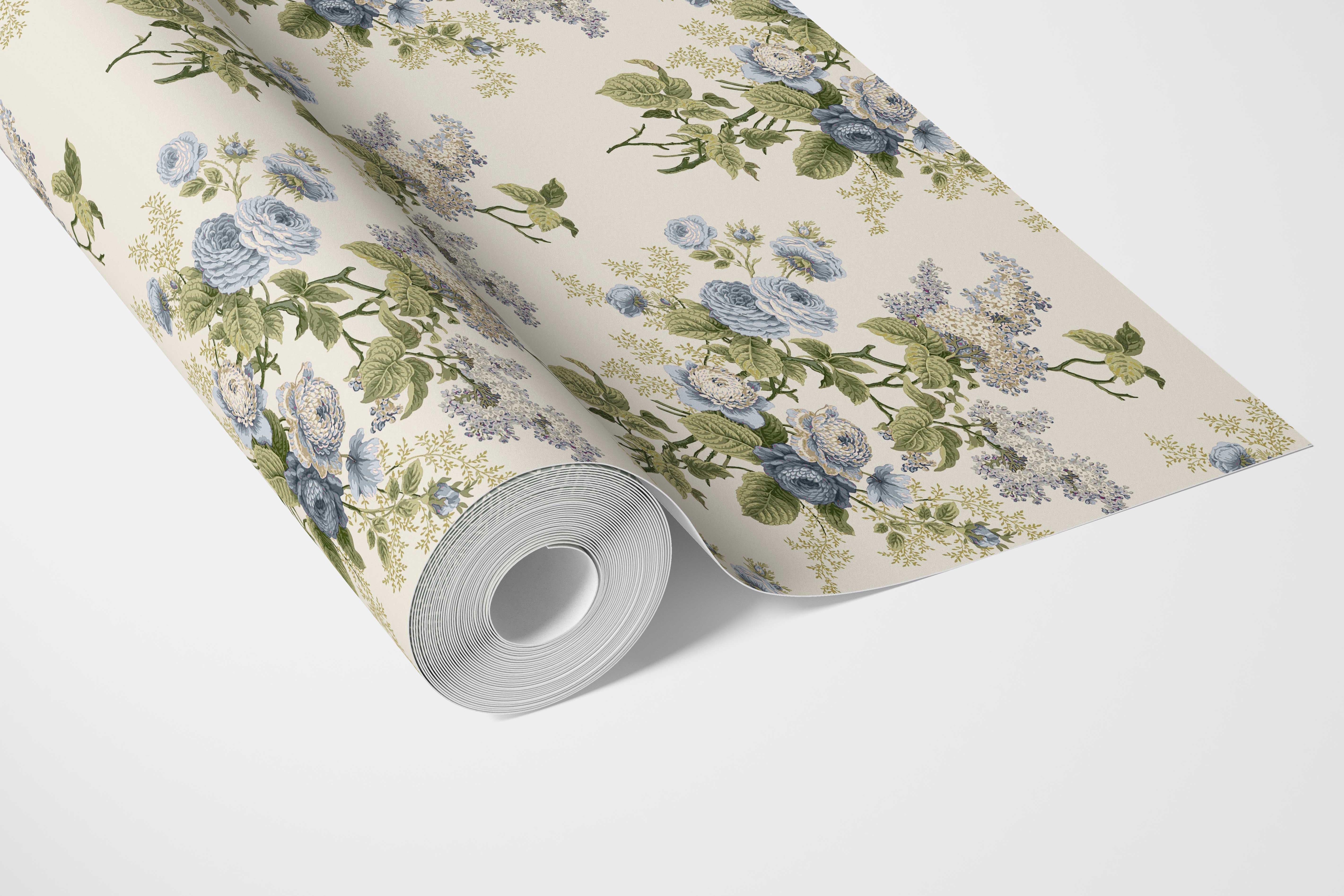 English Floral Print Bathroom Wallpaper Sample (Cream/ Blue/ Green)
