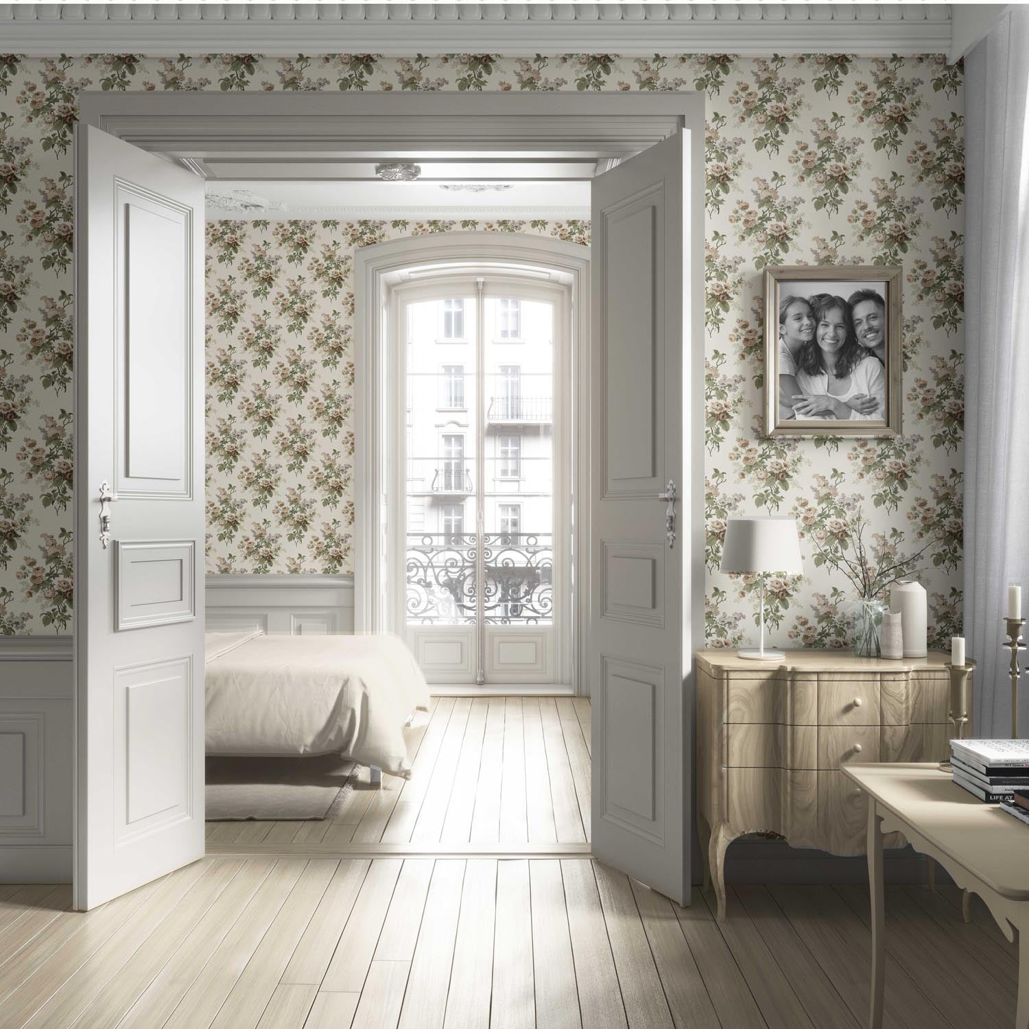 English Floral Print Living Room Wallpaper Sample (Cream/ Beige/ Brown/ Green/ Gray)