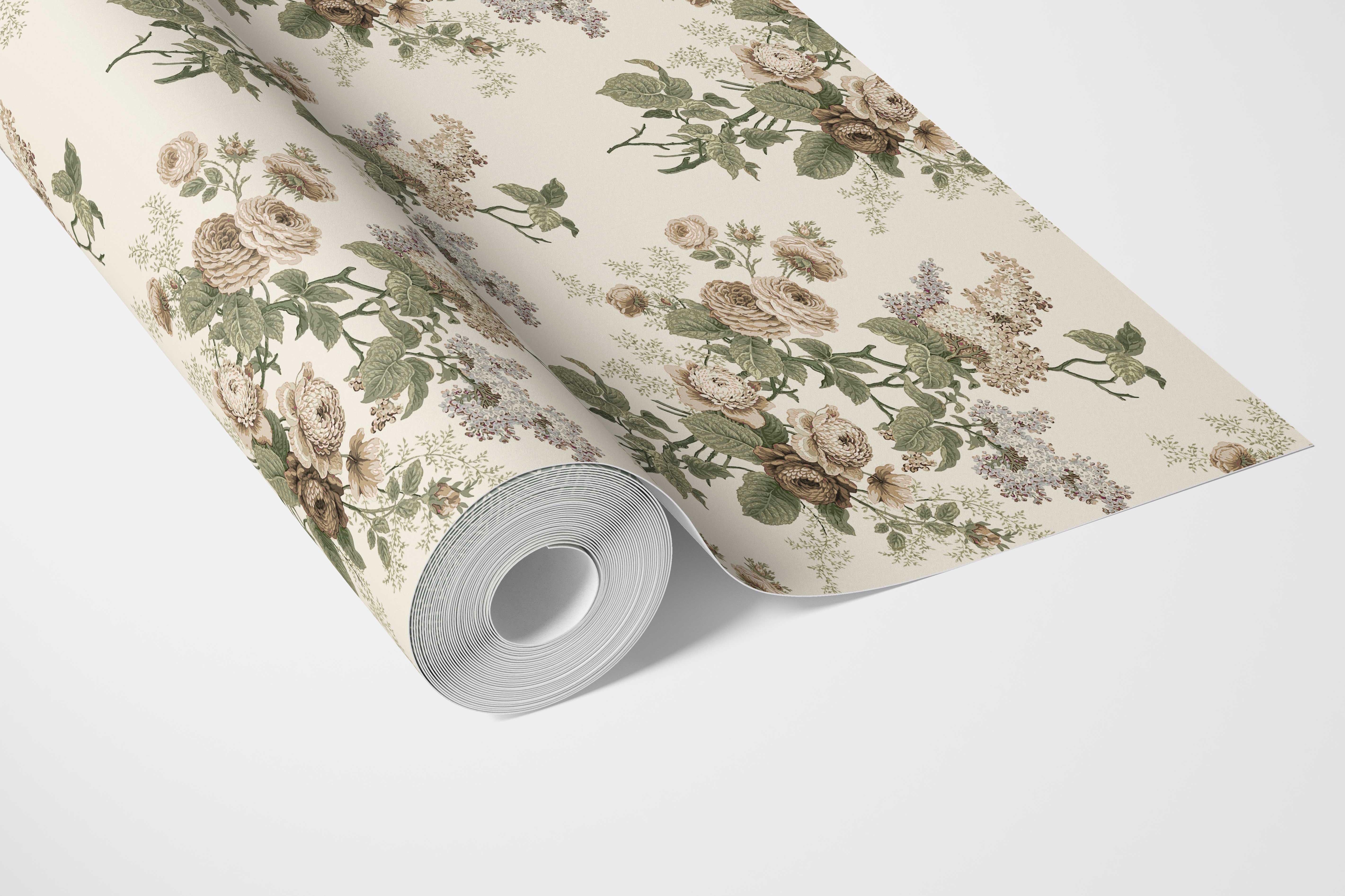English Floral Print Bathroom Wallpaper Sample (Cream/ Beige/ Brown/ Green/ Gray)
