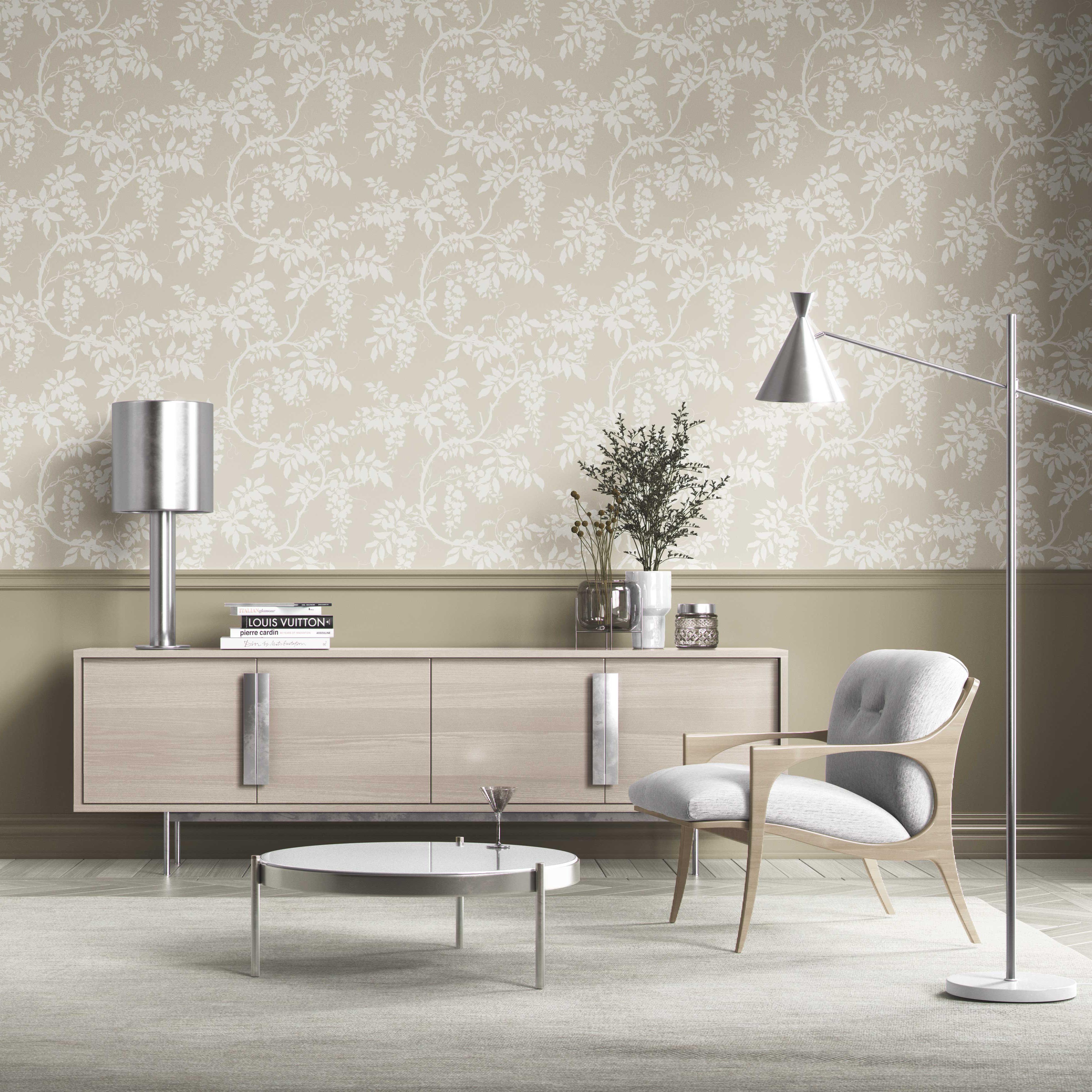 Neutral Floral Vine/ Botanical Kitchen Wallpaper (Beige/ Cream/ Warm Gray)