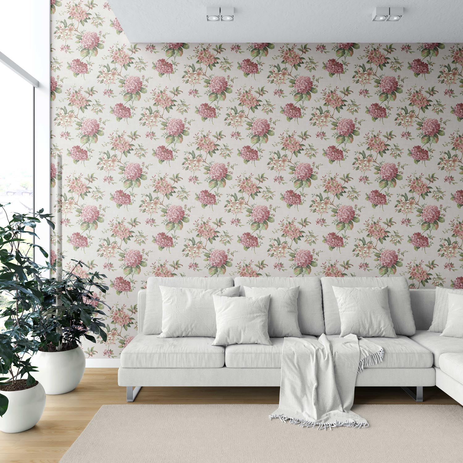 Modern Floral Block Print Shower Toilet Wallpaper Sample (Blush Pink/ Green)
