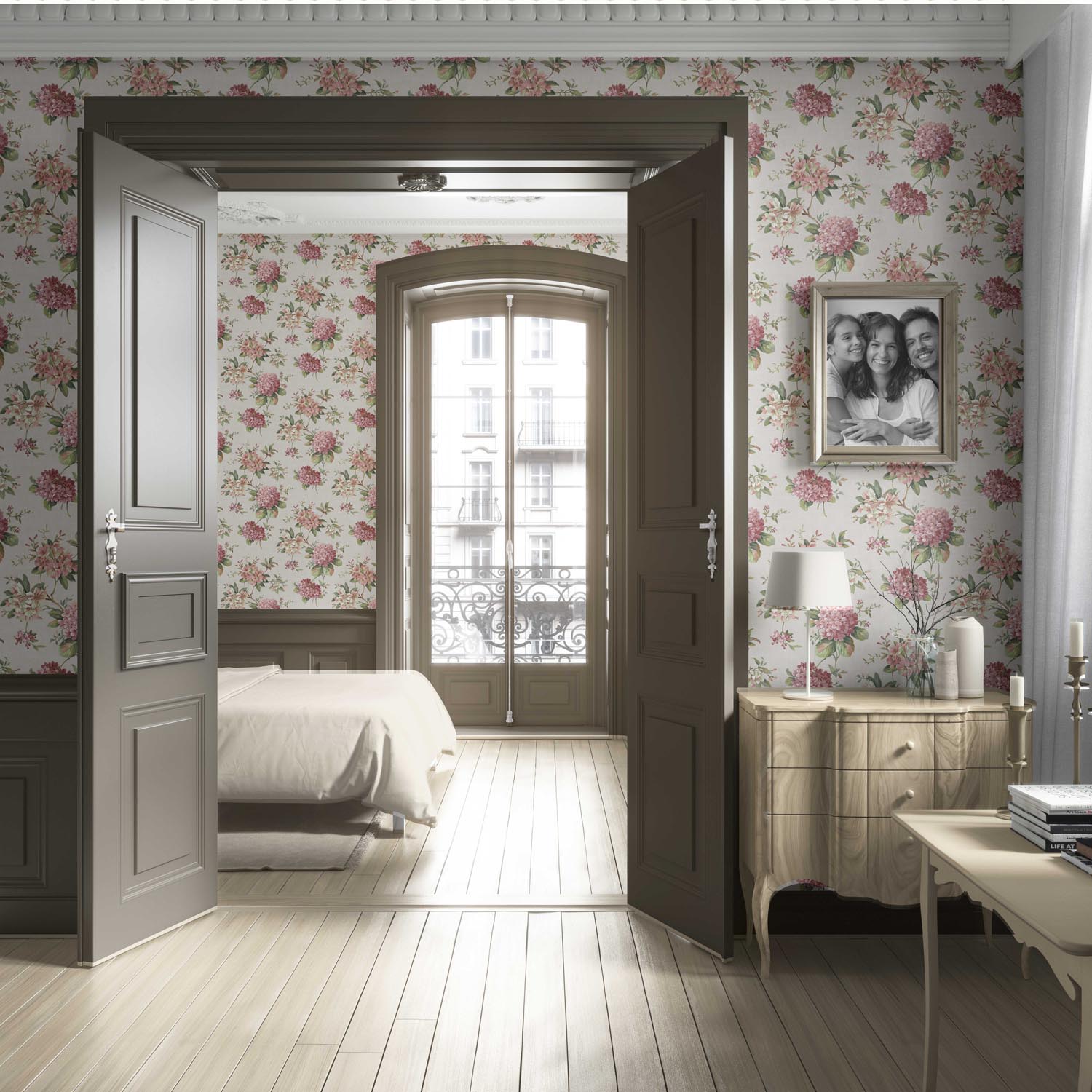 Modern Floral Block Print Living Room Wallpaper Sample (Blush Pink/ Green)